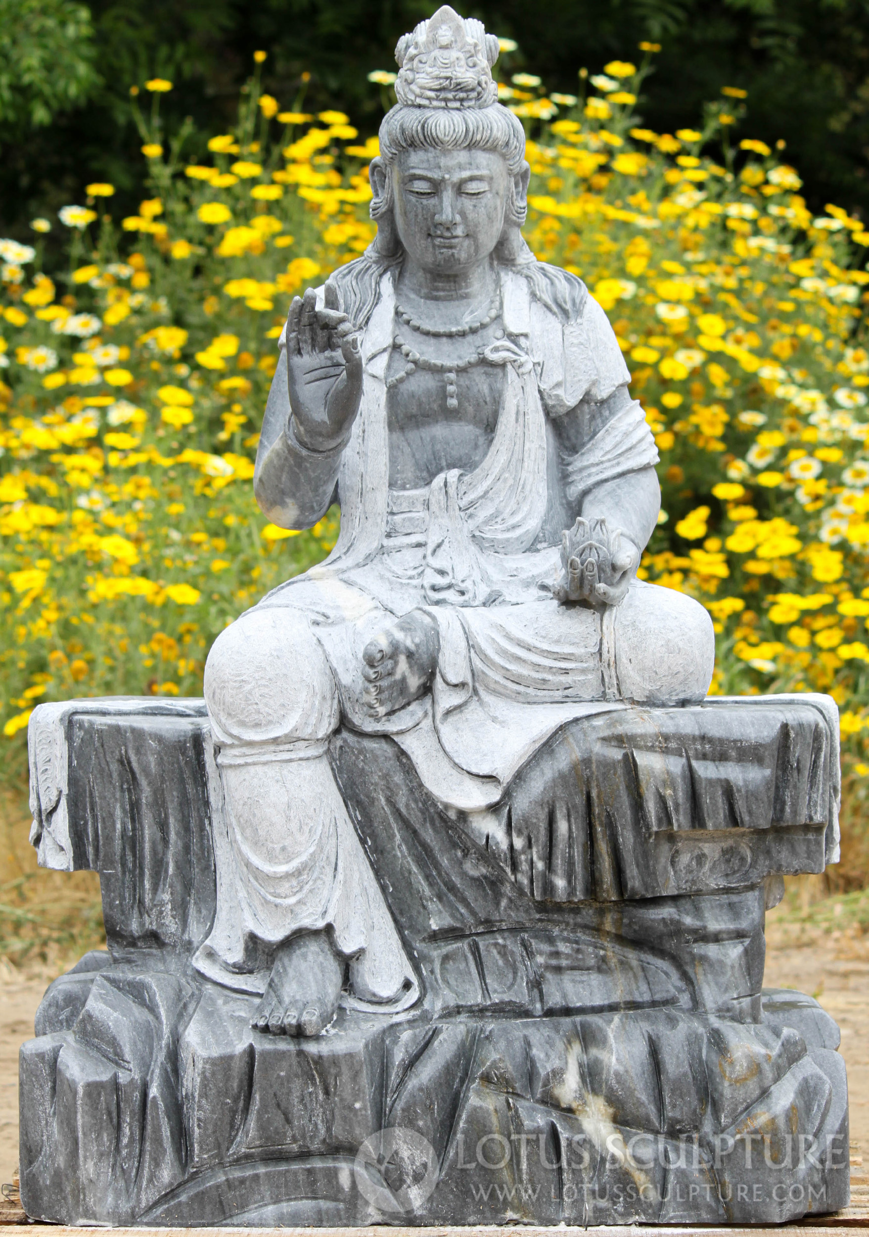 Grey Marble Seated Avalokiteshvara Kwan Yin Vitarka Mudra with Lotus Garden Statue 40"