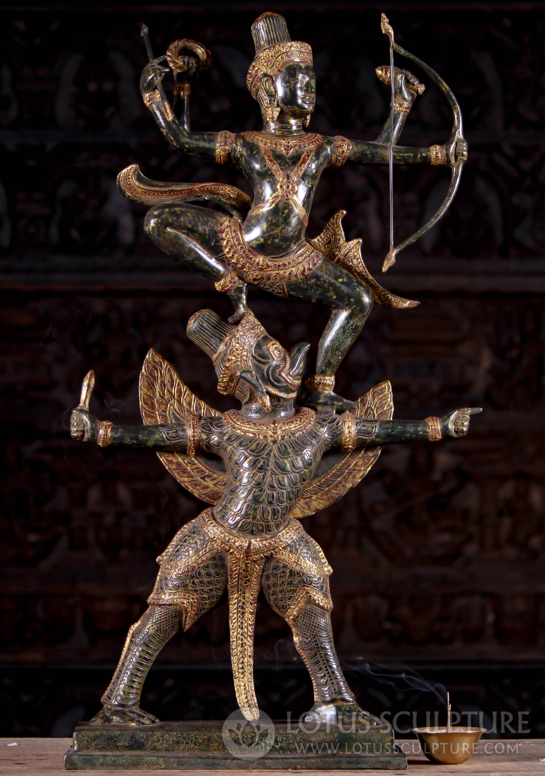 Bronze Rama Statue Shooting a Bow & Arrow on the Back of Garuda Holding a Knife 30"