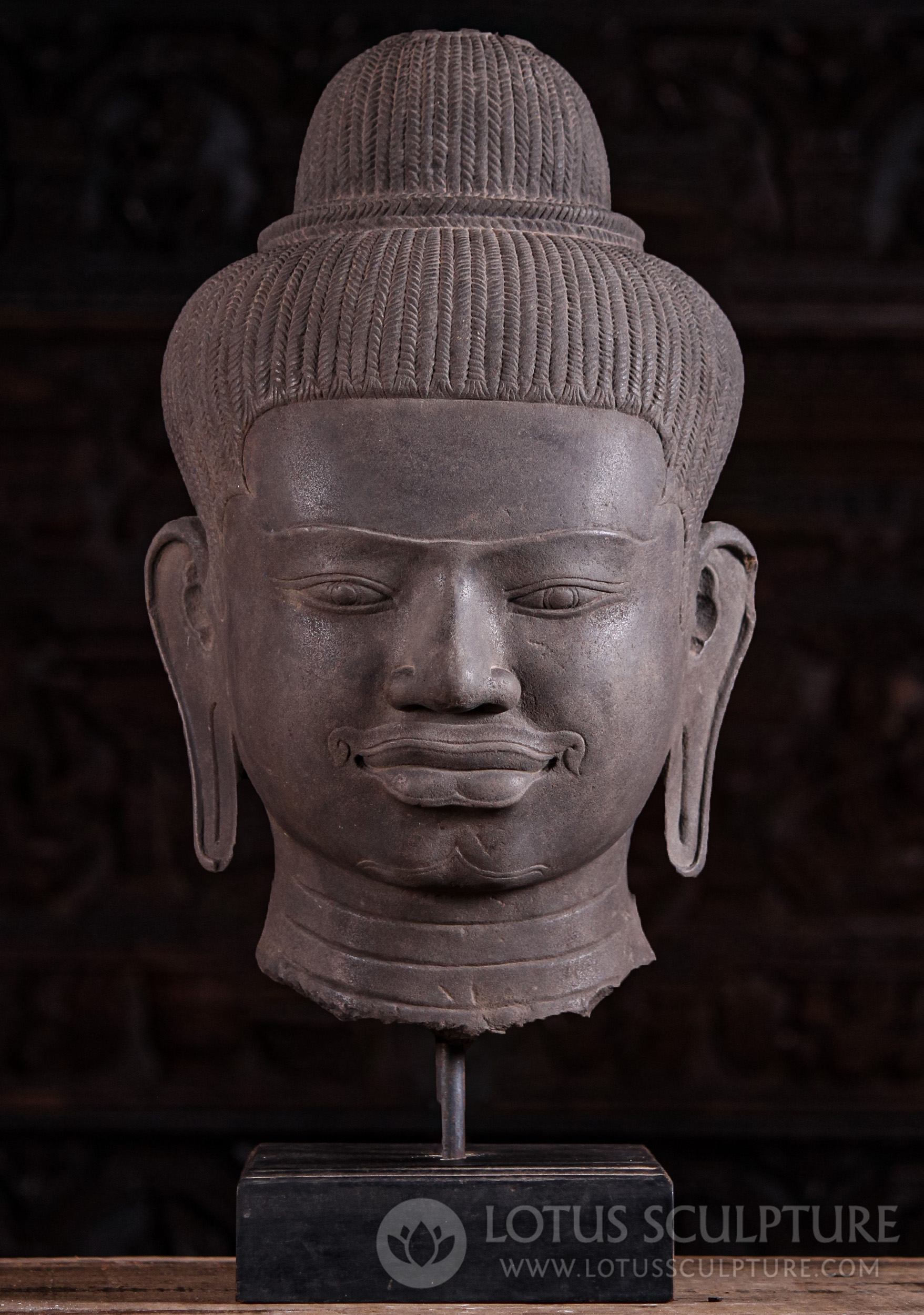 Hand Carved Cambodian Stone 10th-11th Century Style Vishnu Bust 23.5"