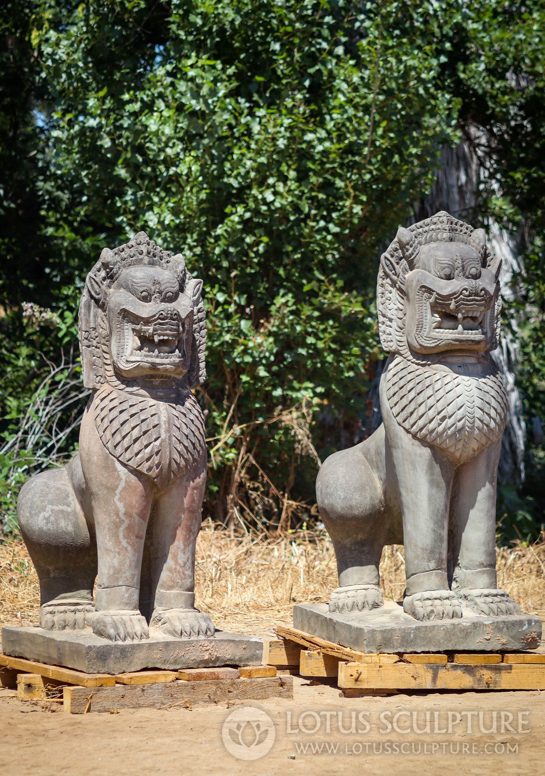 Natural Hand Carved Cambodian Sandstone Foo Dogs Temple Guardians 54"