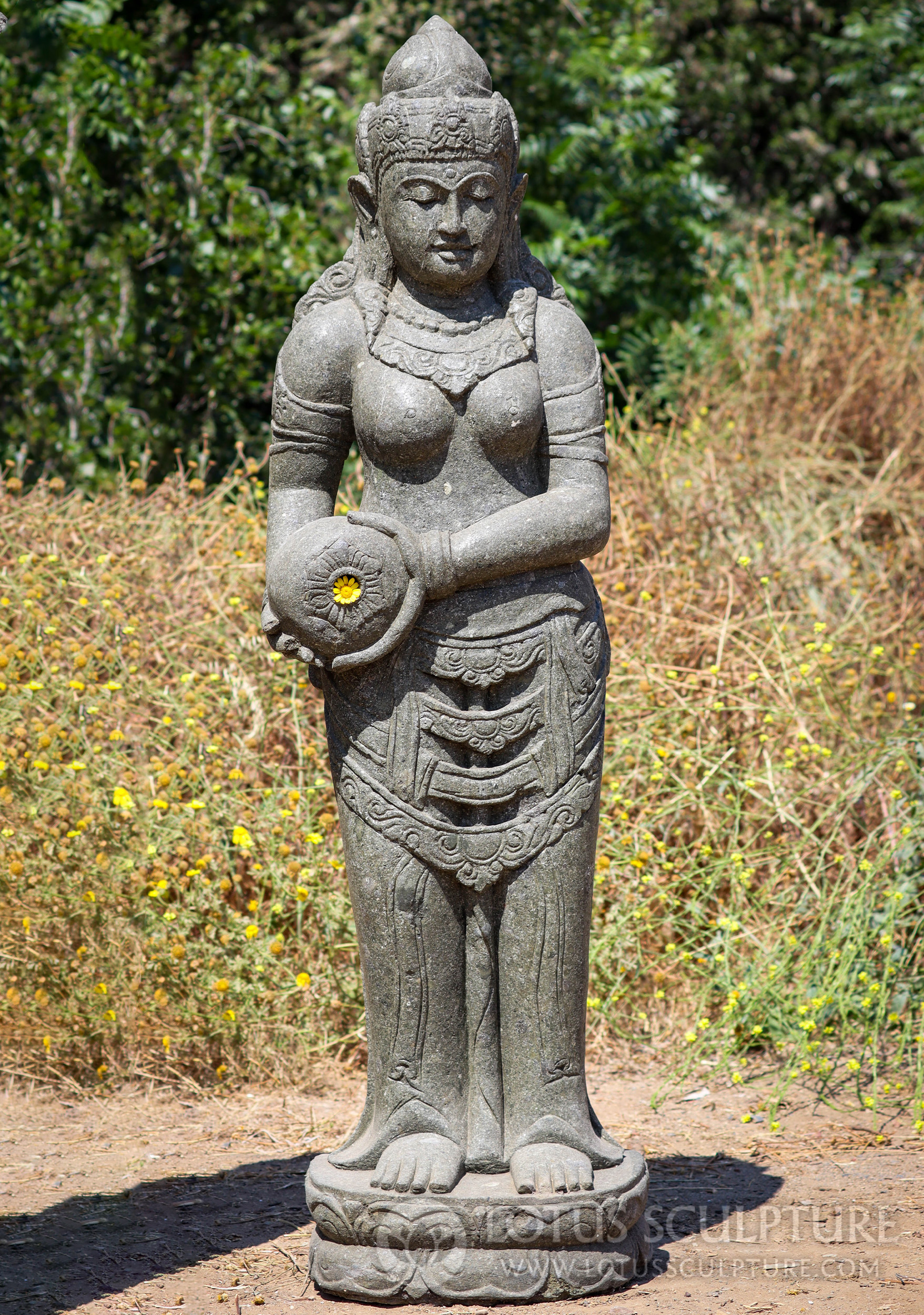 Lava Stone Devi Tara Fountain Statue Holding Water Jug Over Right Hip 60"