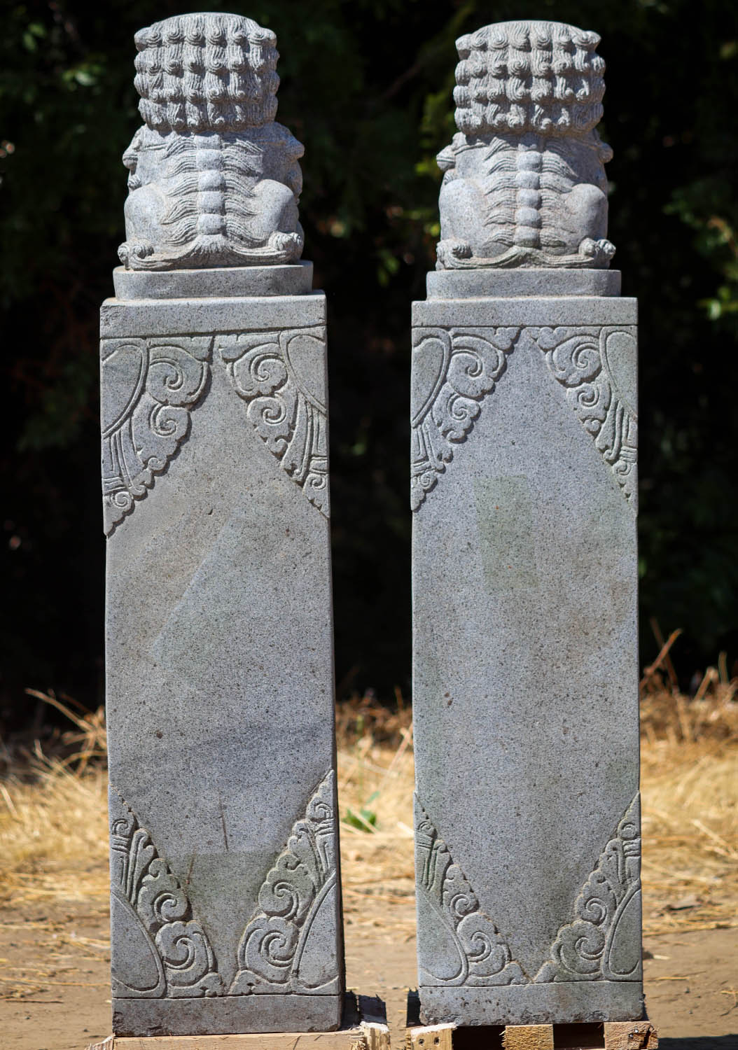Hand Carved Stone Column Foo Dog Statues Perfect for Home Entrance 45"