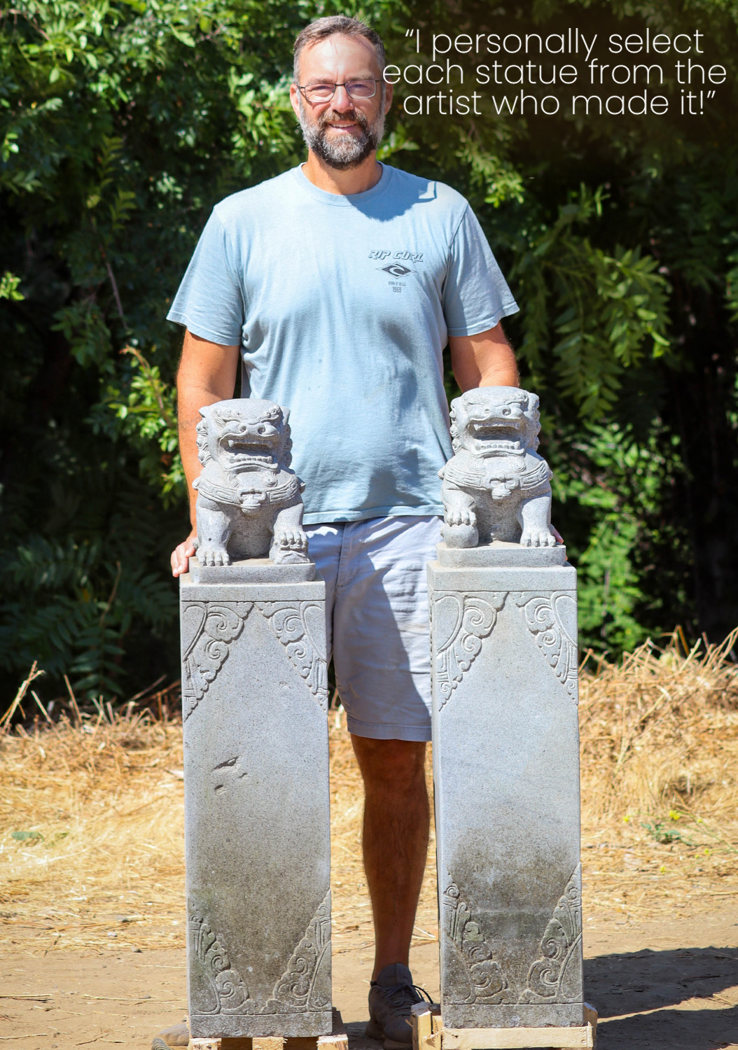 Hand Carved Stone Column Foo Dog Statues Perfect for Home Entrance 45"