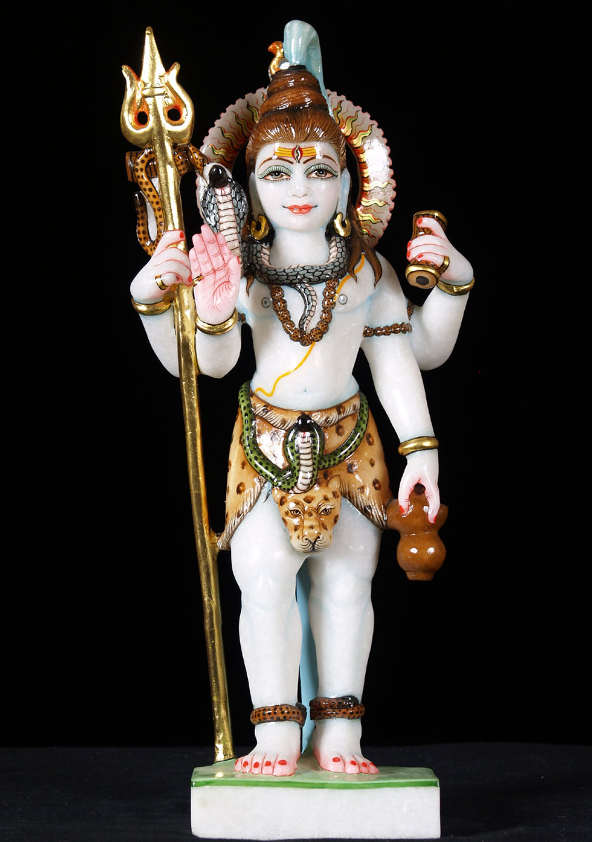 Hand Carved in Rajasthan White Makrana Marble Shiva Statue Holding Trident & Drum 15"