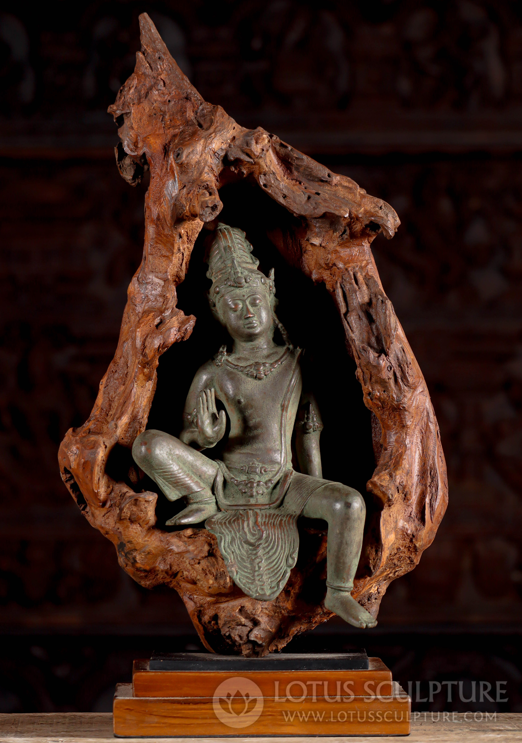 Indonesian Brass Avalokiteshvara: Antique Green Patina, Serenity in Wood Alcove 24"