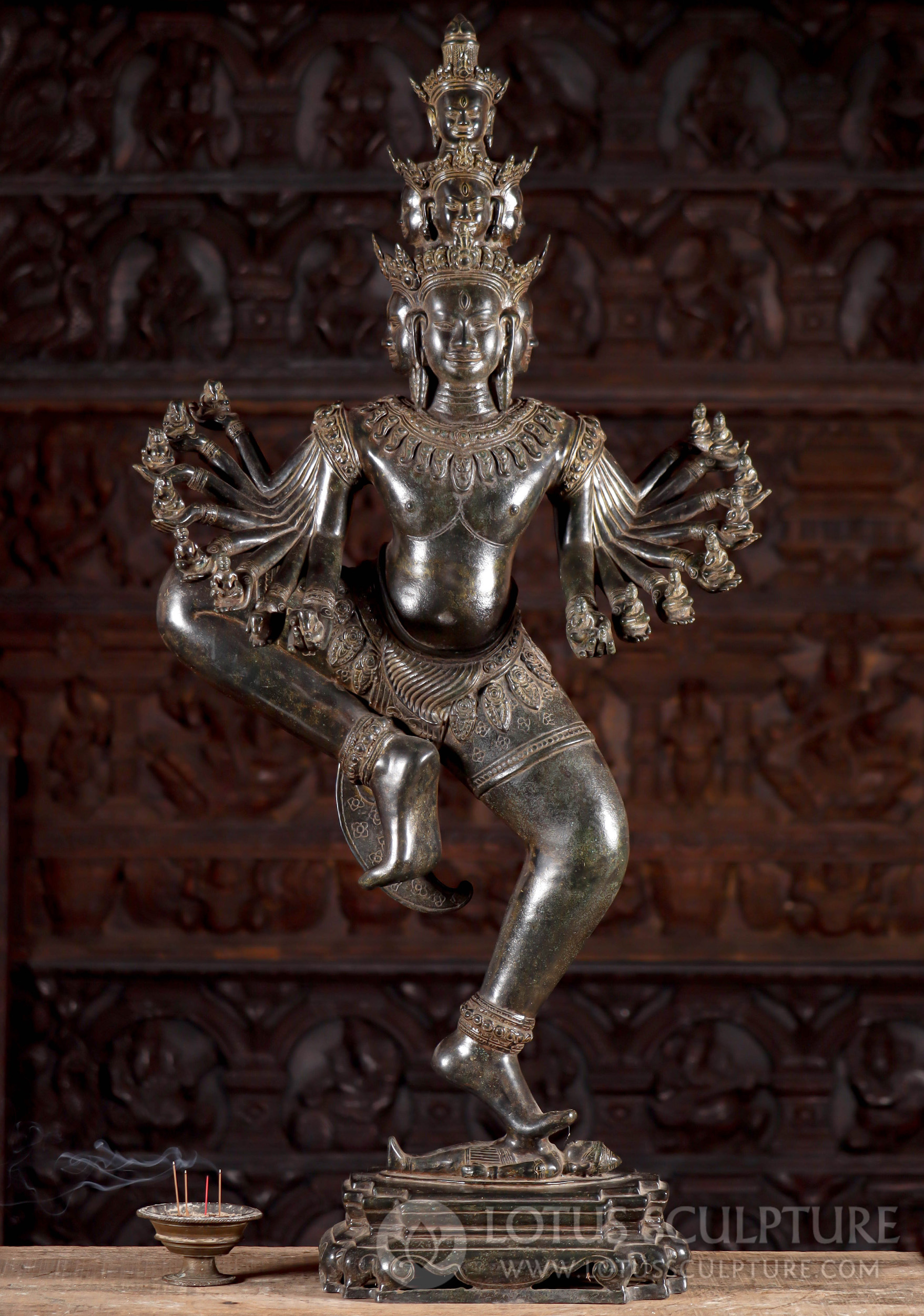 Lord Shiva Statue Dancing with 16-Arms, 8-Heads, with Foot on Apsara Dwarf Bronze Cambodian 42"