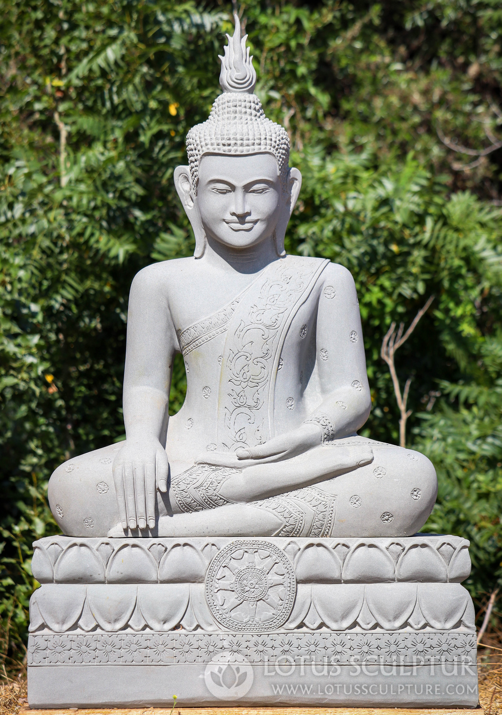 Elegant Cambodian Sandstone Buddha Sculpture, Hand-Carved for Garden Display 58"