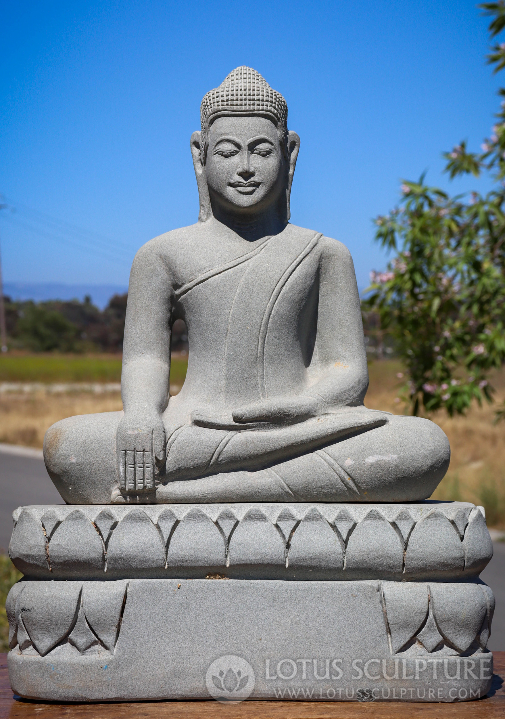 Cambodian Sandstone Buddha, Earth-Touching Mudra, Separate Double Lotus Base 23"