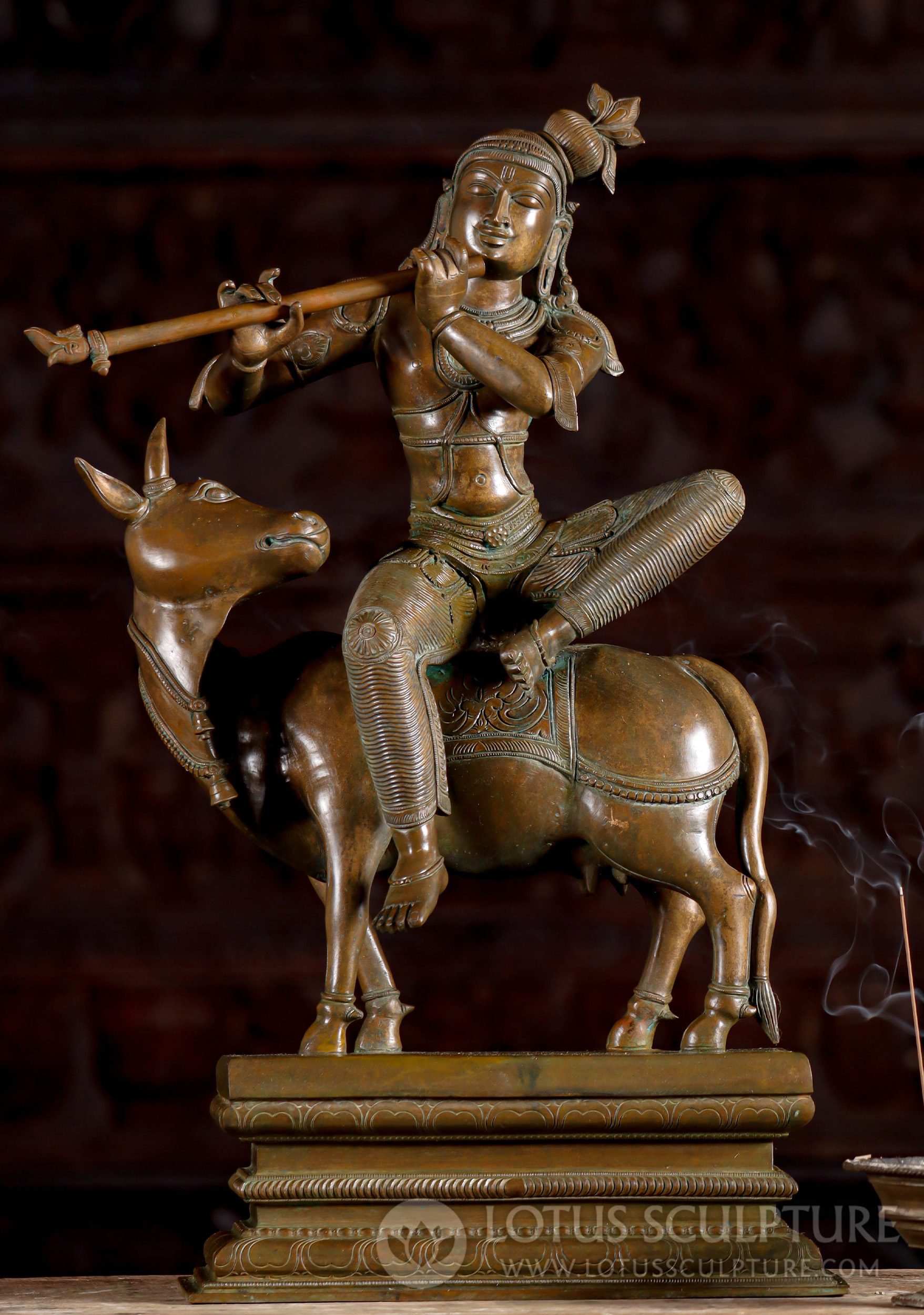 Lord Krishna Statue Playing Flute Atop His Adoring Cow South Indian Panchaloha Bronze 21"