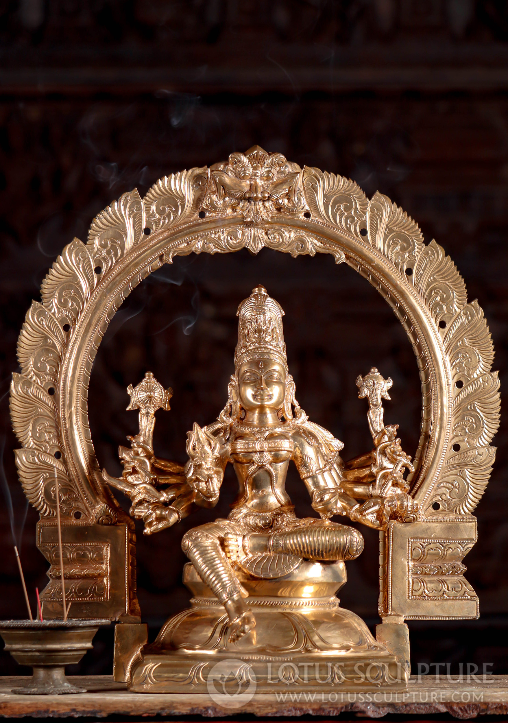 Golden Kali Bronze Sculpture Seated with 10 Arms Holing Weapons with Mahakala Flaming Arch 19"