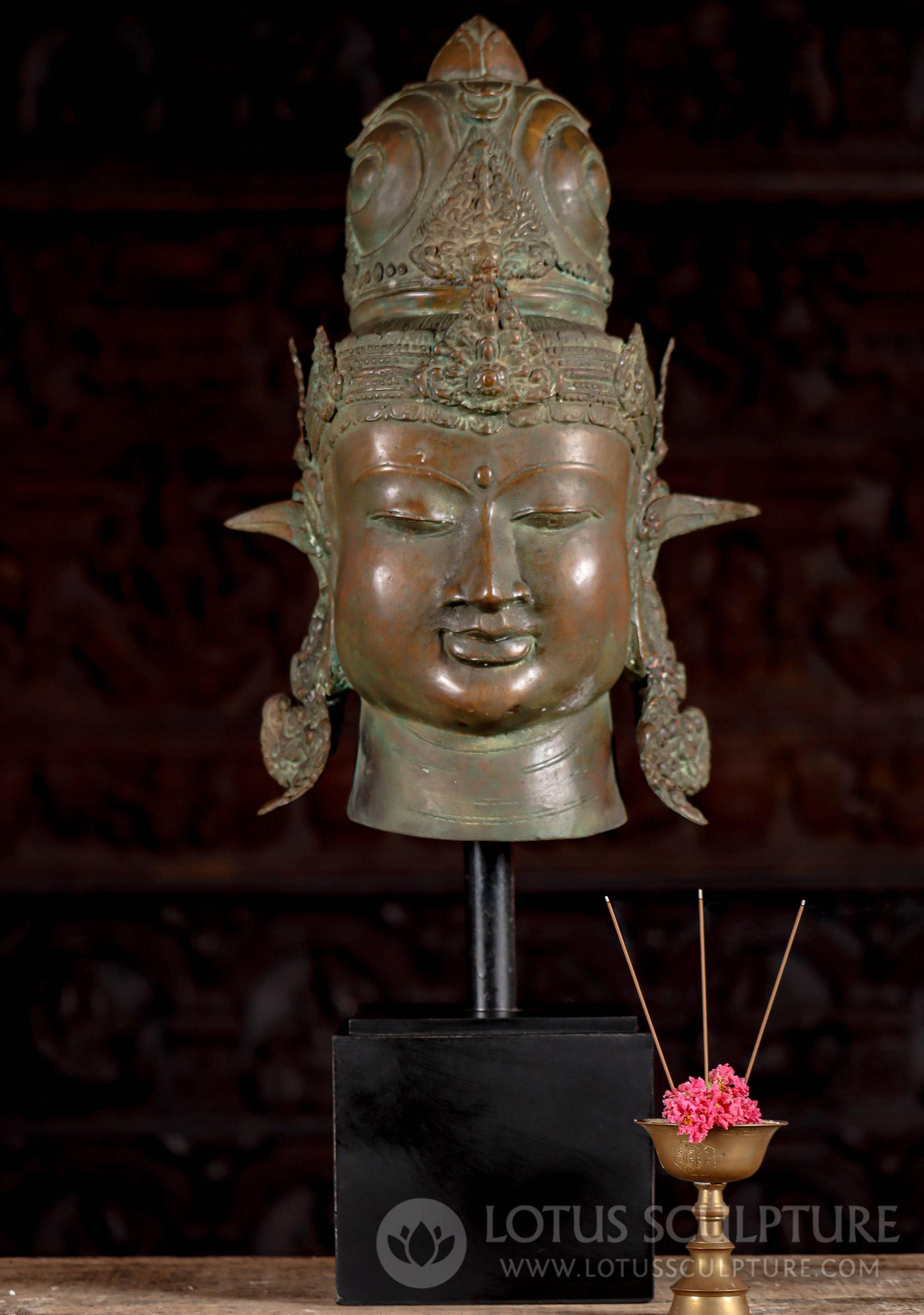 Feather-Adorned Brass Parvati Head: Copper & Verde-Gris on Black Wood Base 26"
