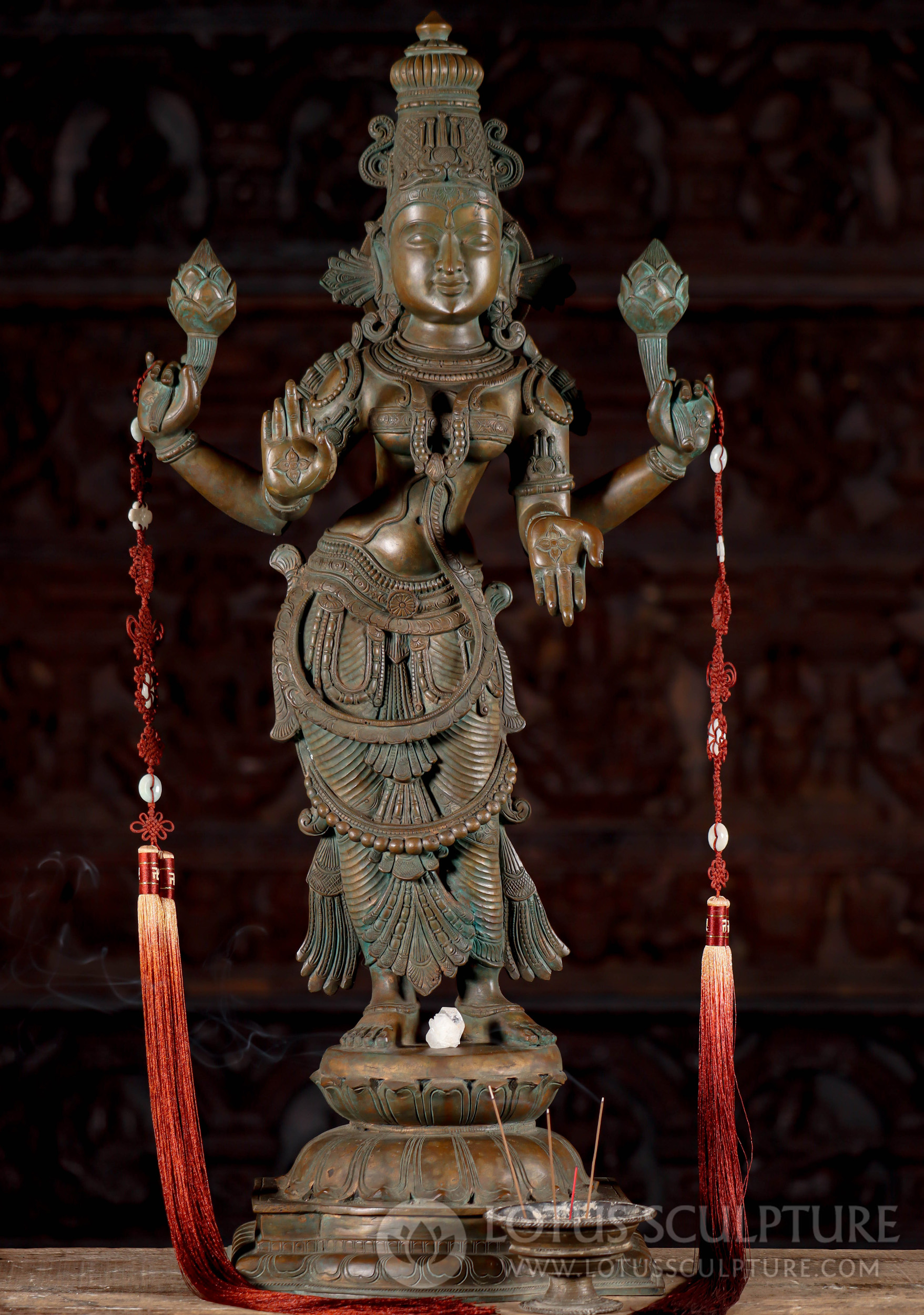 Lakshmi Statue Standing Holding 2 Lotus Flowers with Chakra Halo & Lotus Base Bronze 32"