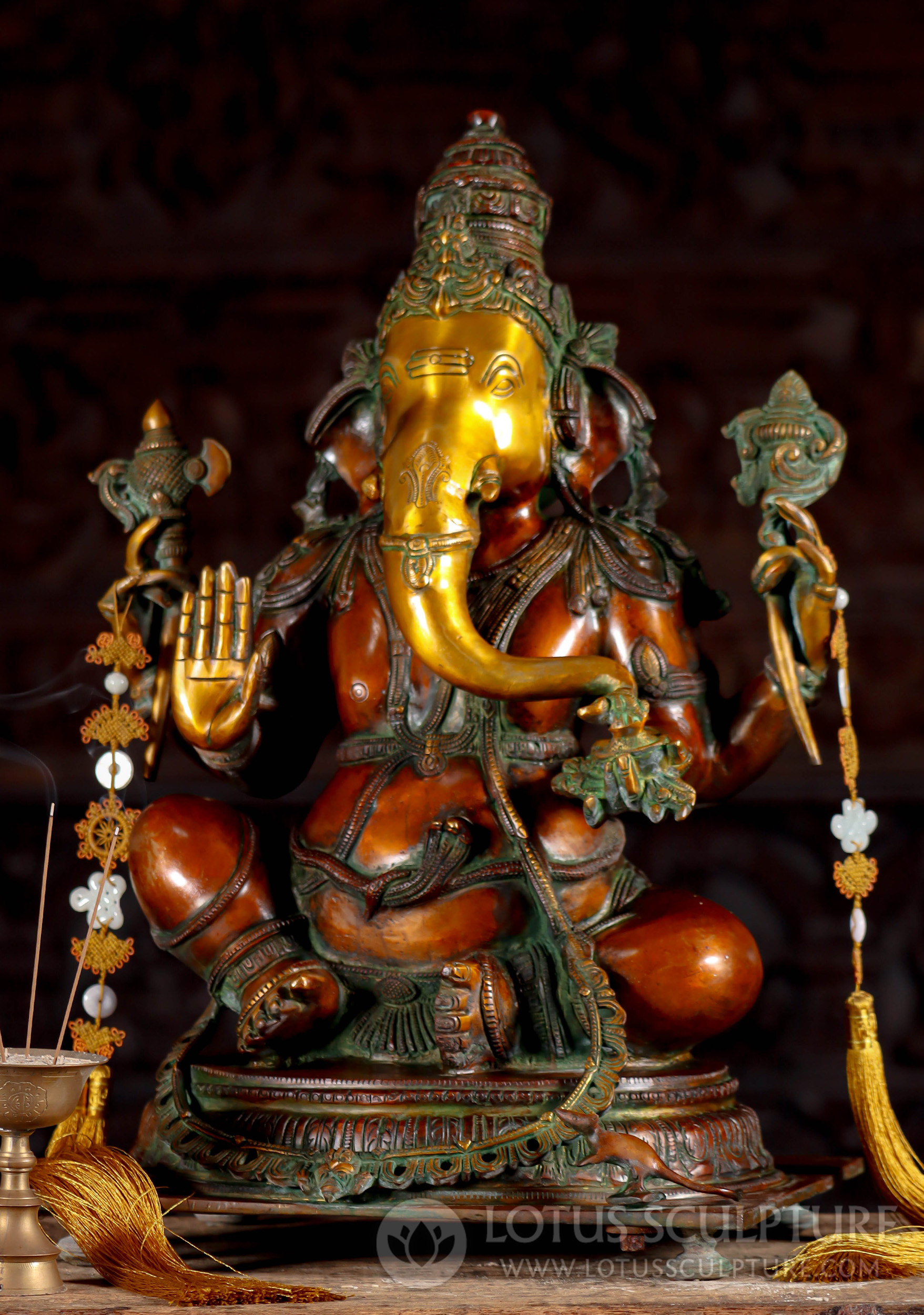 Brass Ganesh Statue with Mooshika, in Abhaya Mudra with Goad, Noose & Laddus in His Hands 20"
