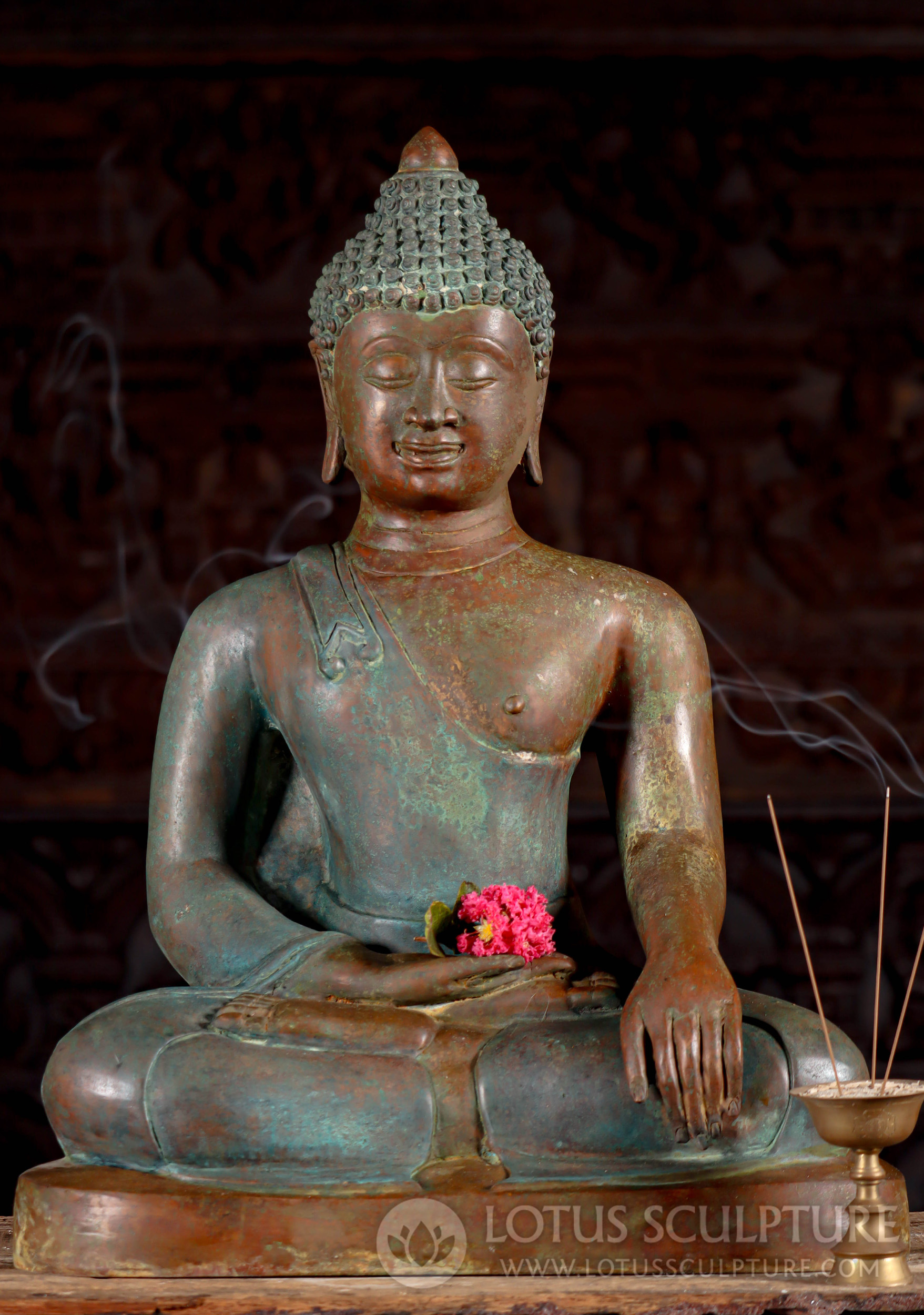 Thai Brass Chiang Saen Style Buddha Seated in Earth Touching Mudra Statue 24"