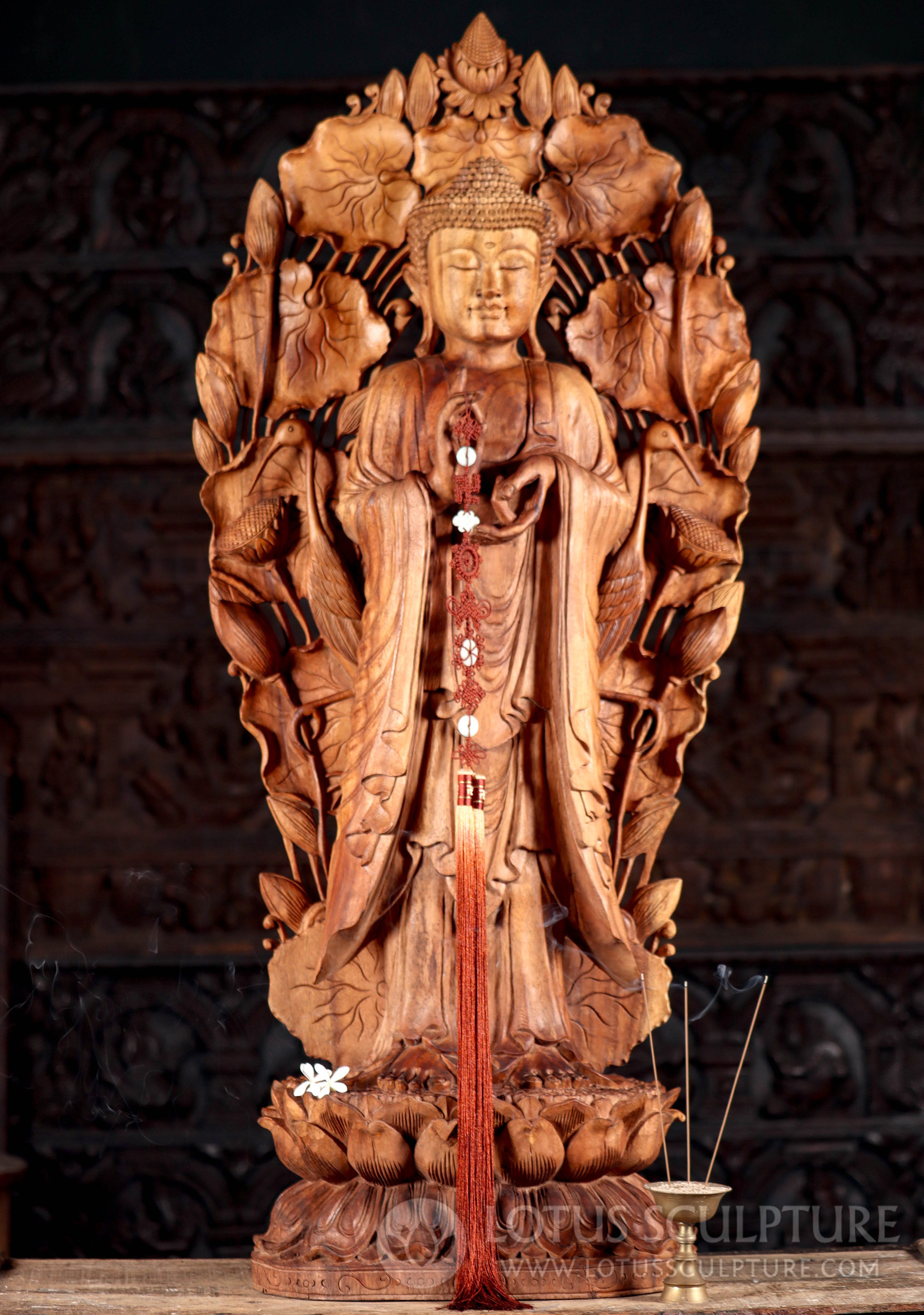 Wooden Buddha in Dharmachakra Mudra with Lotus & Lily Pad - Artisan Crafted 45"