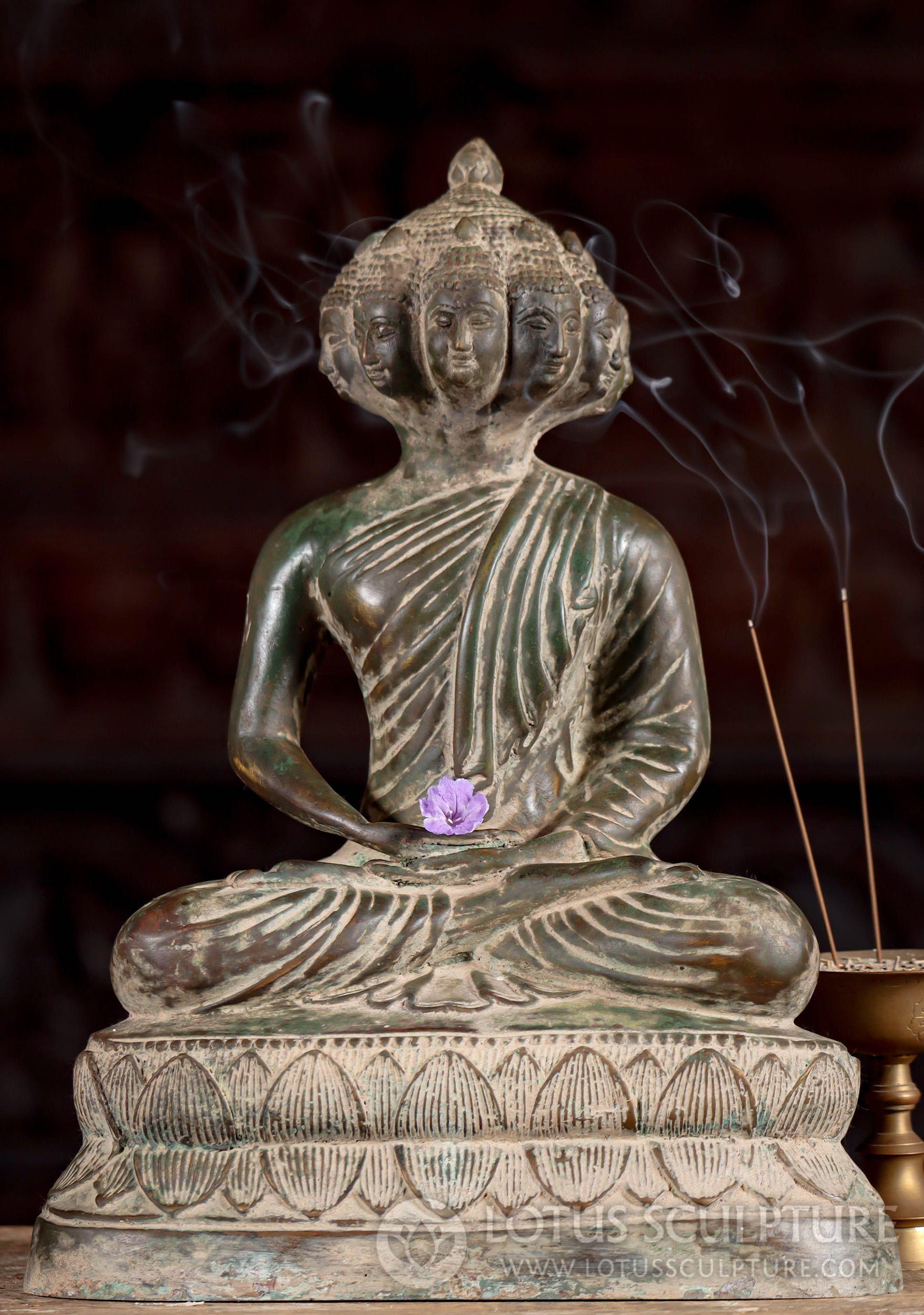 Thai Brass 9 Headed Meditating Padmasana Seated Buddha Statue on Lotus 14"