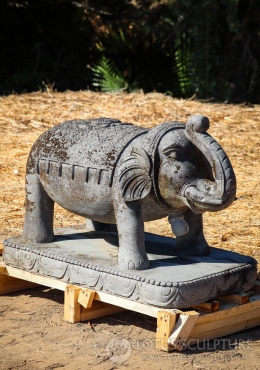 Rustic Hand-Carved Lava Stone Elephant: Raised Trunk for Good Luck on Lotus Base 36"