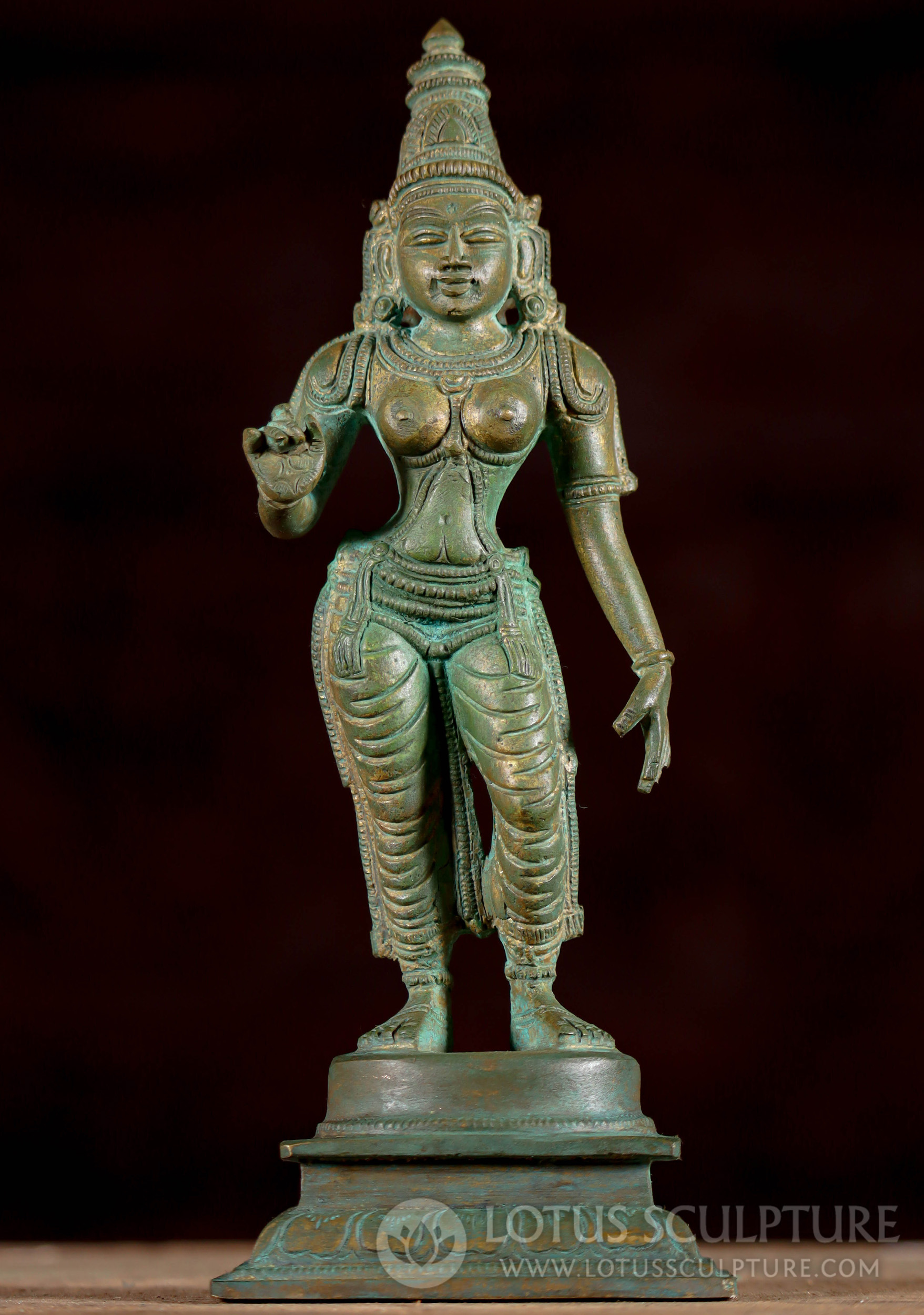 Small South Indian Antique-Green Patina Bronze Shivakami Parvati: A Divine Companion 8"