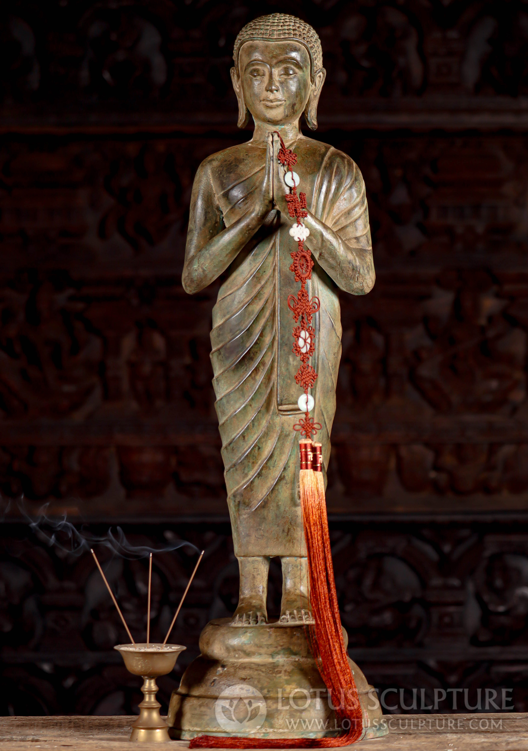 Peaceful Thai Brass Standing Anjali Namaste Mudra Buddhist Monk Statue 30"