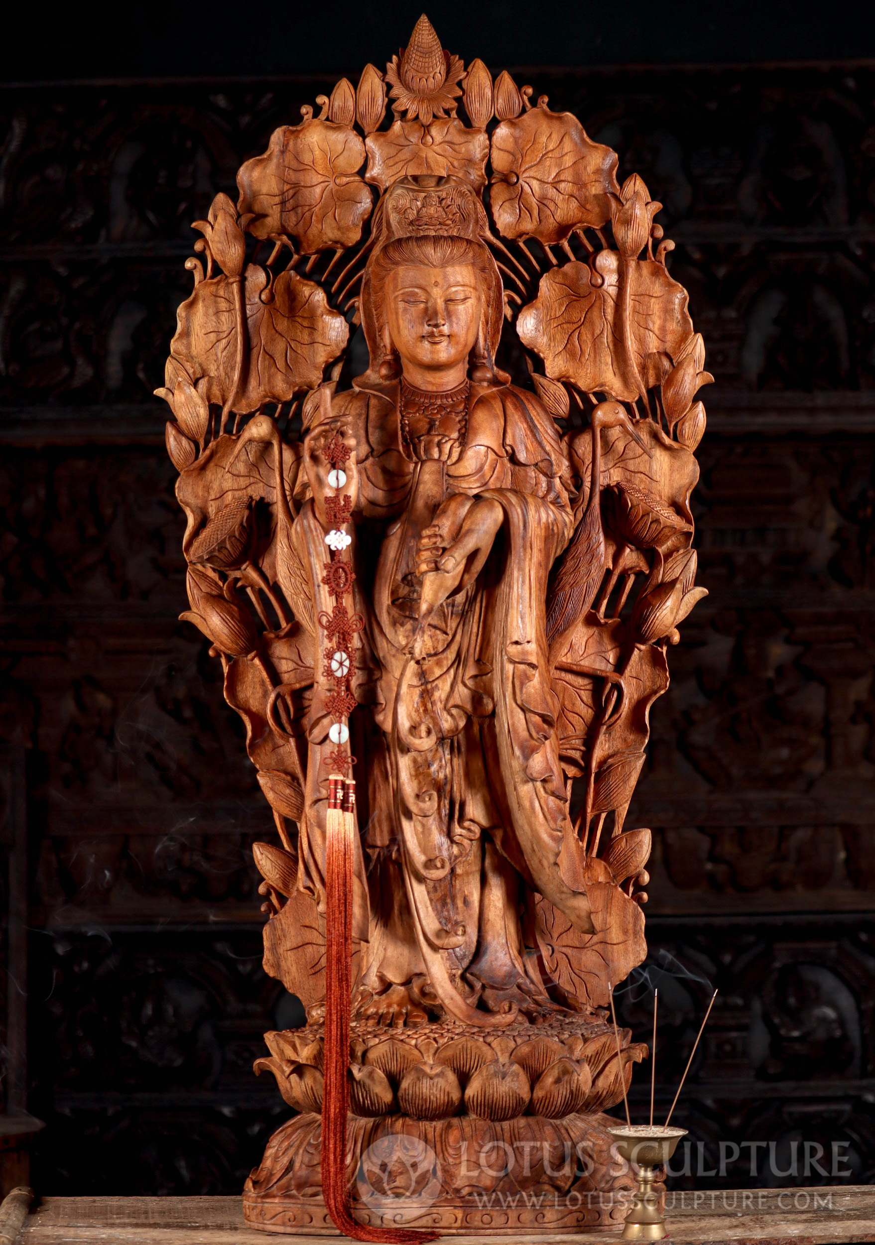 Hand-Carved Wooden Kwan Yin with Nectar Vase & Pearl of Light on Lotus Base 45"