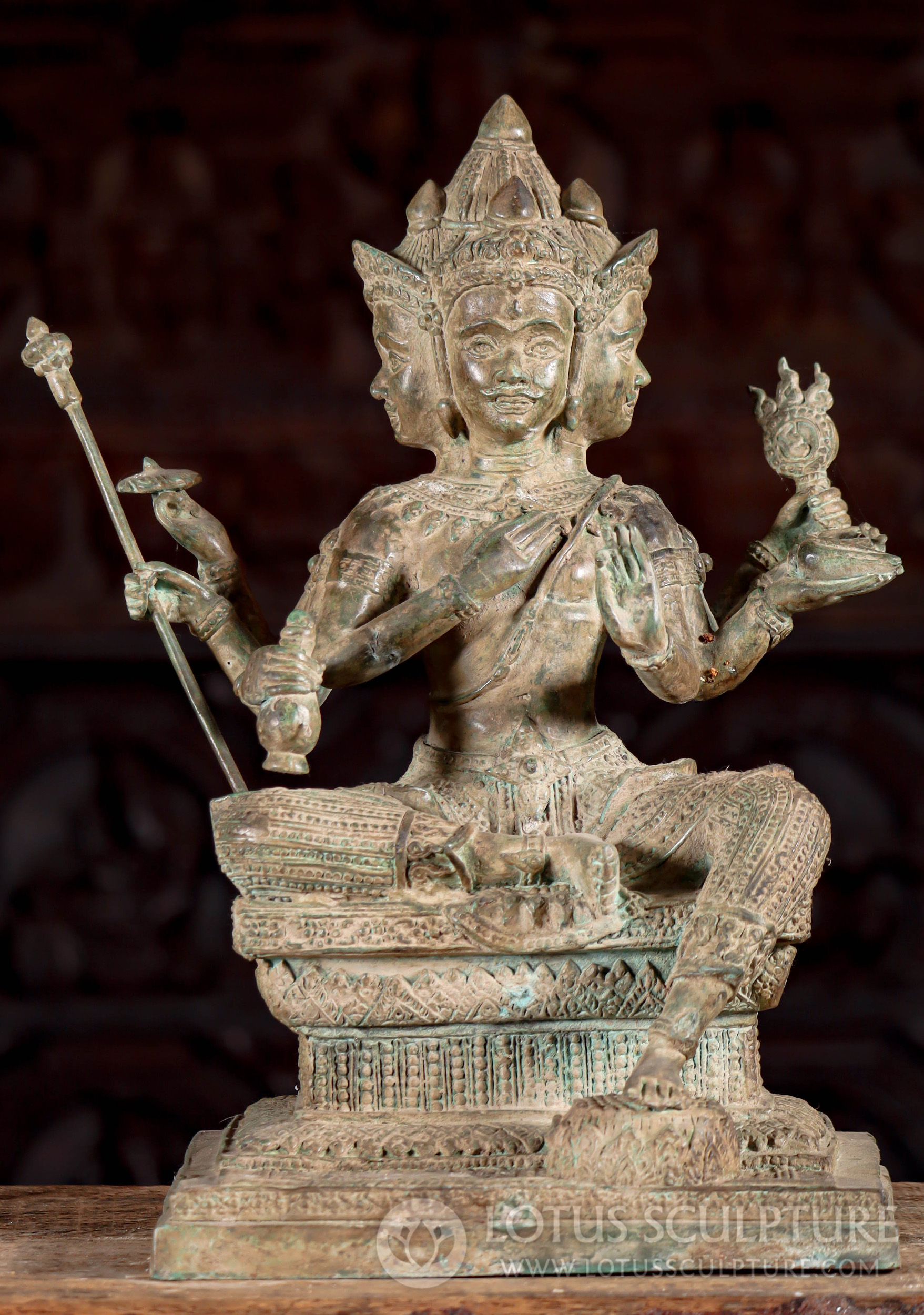 Ornate Thai Brass Lalitasana Seated Hindu God Brahma Statue with 8 Arms 24"