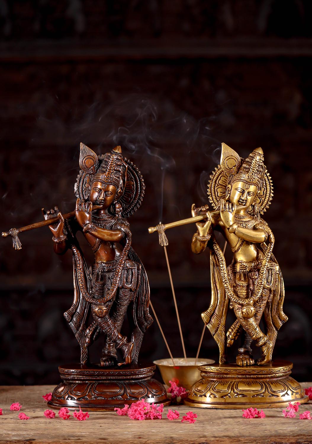 Gopal Krishna Statue Playing Flute with Peacock Feather Indian Brass Standing Hindu God  12"