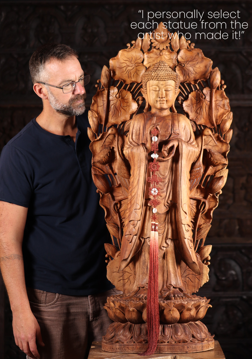 Wooden Buddha in Dharmachakra Mudra with Lotus & Lily Pad - Artisan Crafted 45"
