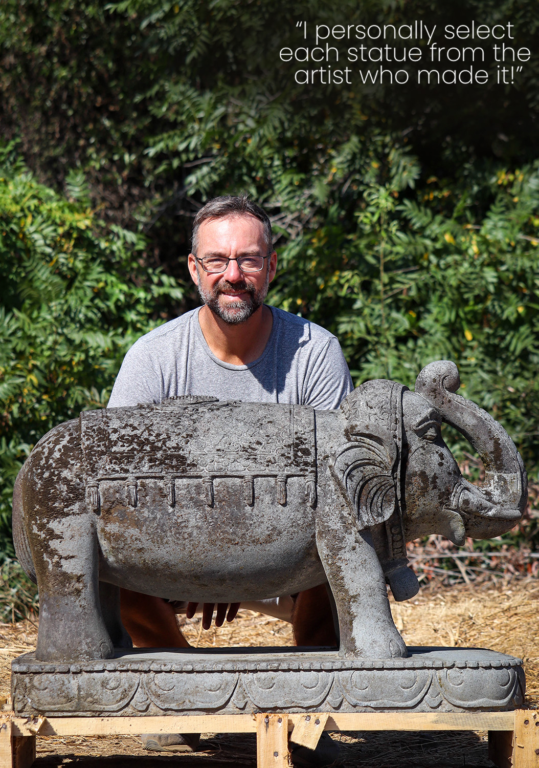 Rustic Hand-Carved Lava Stone Elephant: Raised Trunk for Good Luck on Lotus Base 36"