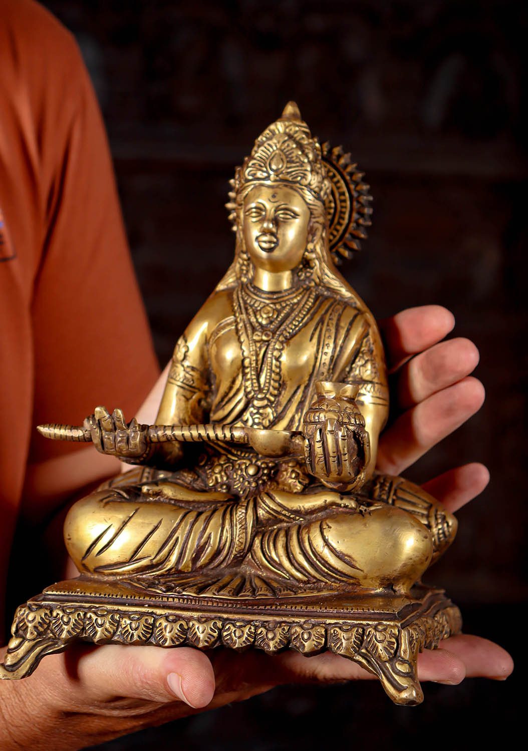 Annapurna Statue, Hindu Goddess of Nourishment & Sustenance Cast in Golden Brass 9"