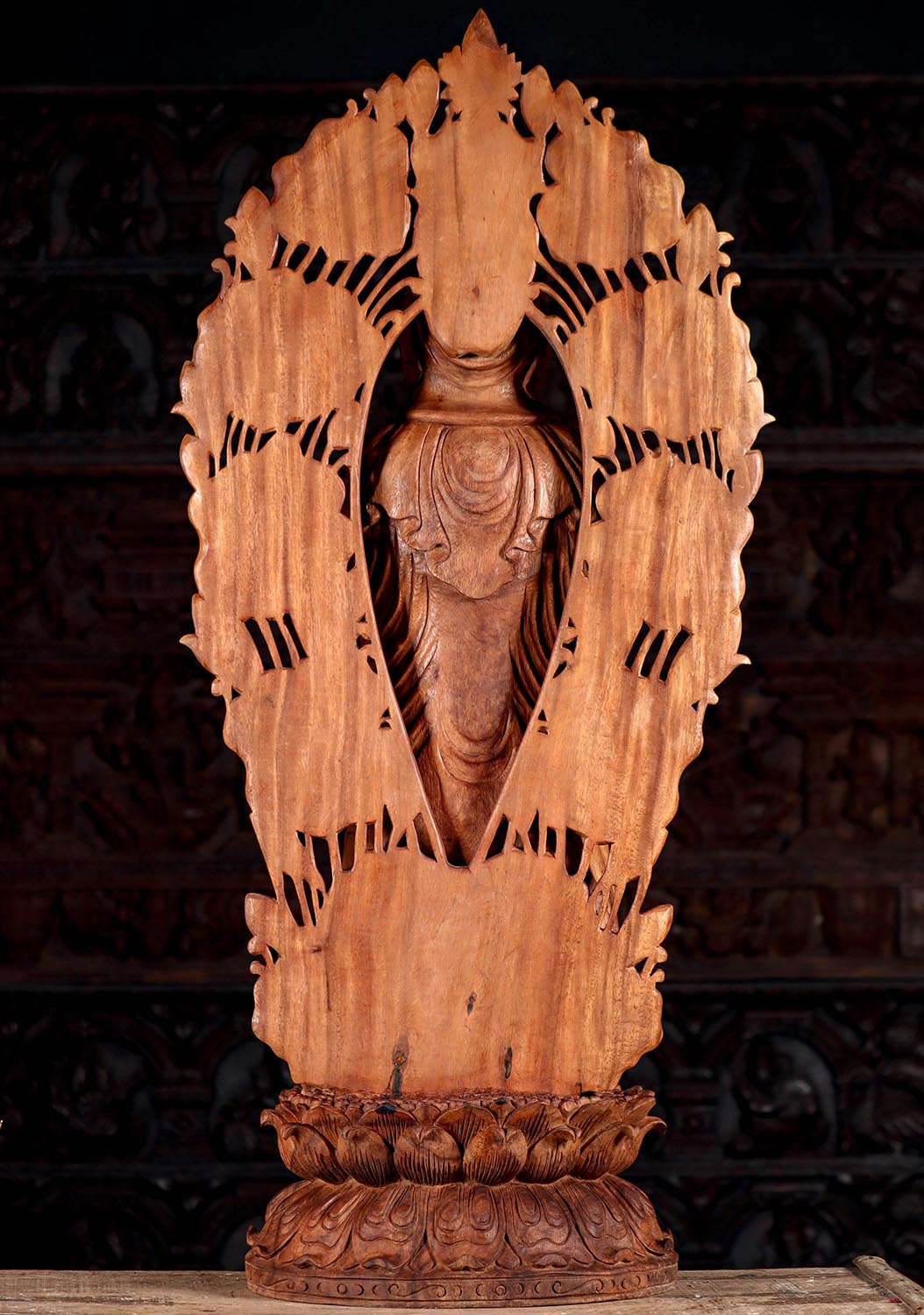 Hand-Carved Wooden Kwan Yin with Nectar Vase & Pearl of Light on Lotus Base 45"