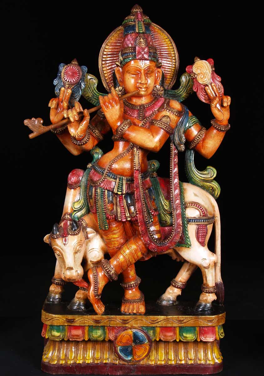 Wooden Venugopal Statue with Cow 36"