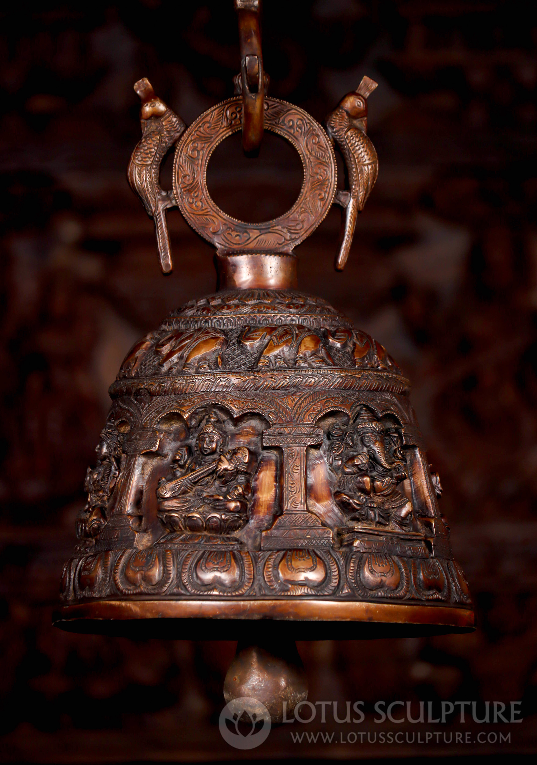 Large Brass Puja Bell: Ganesh, Lakshmi, Saraswati, Peacocks, & Elephants 45"
