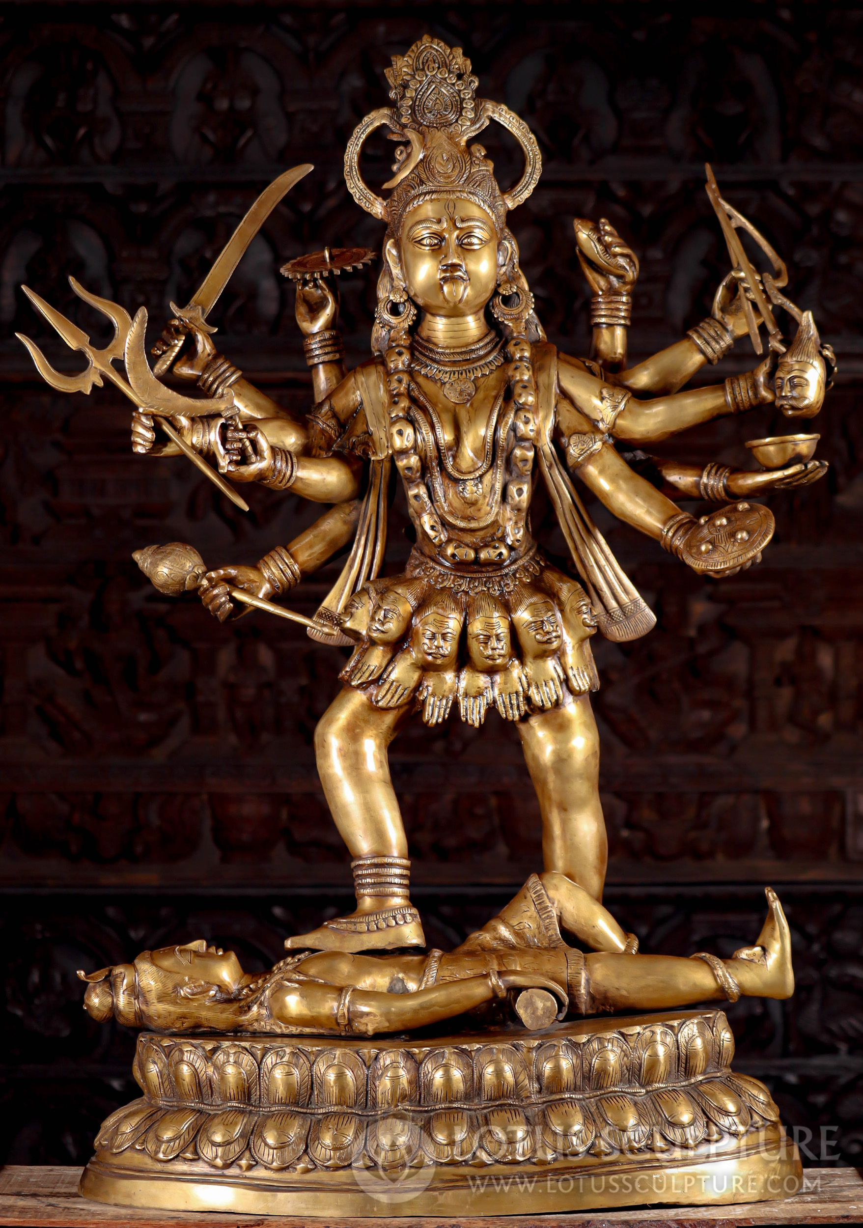 Large Golden Brass Kali Statue with 10 Arms Holding Weapons Wearing Garland of Skulls 43"