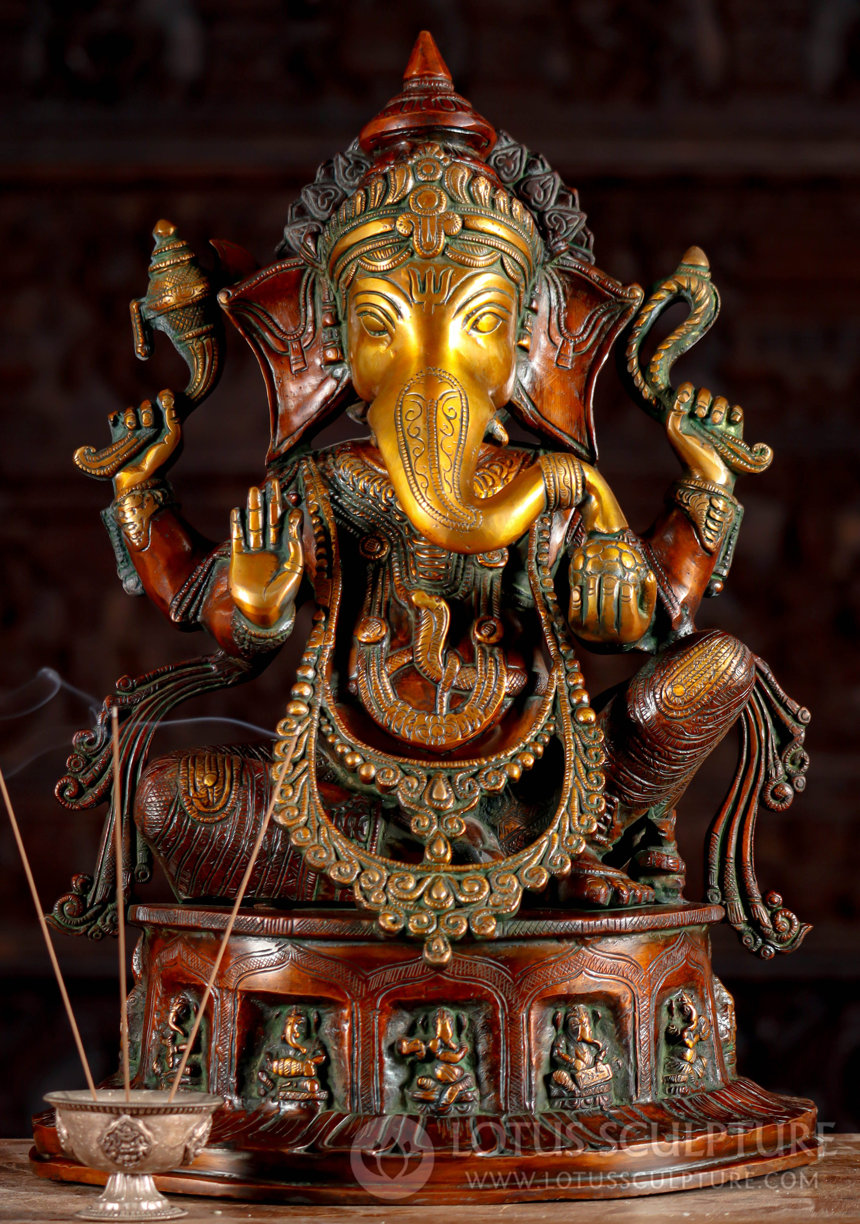 Ganesh Brass Statue in Abhaya Mudra with 6 Musical Ganesha Statues on Base 19.5"
