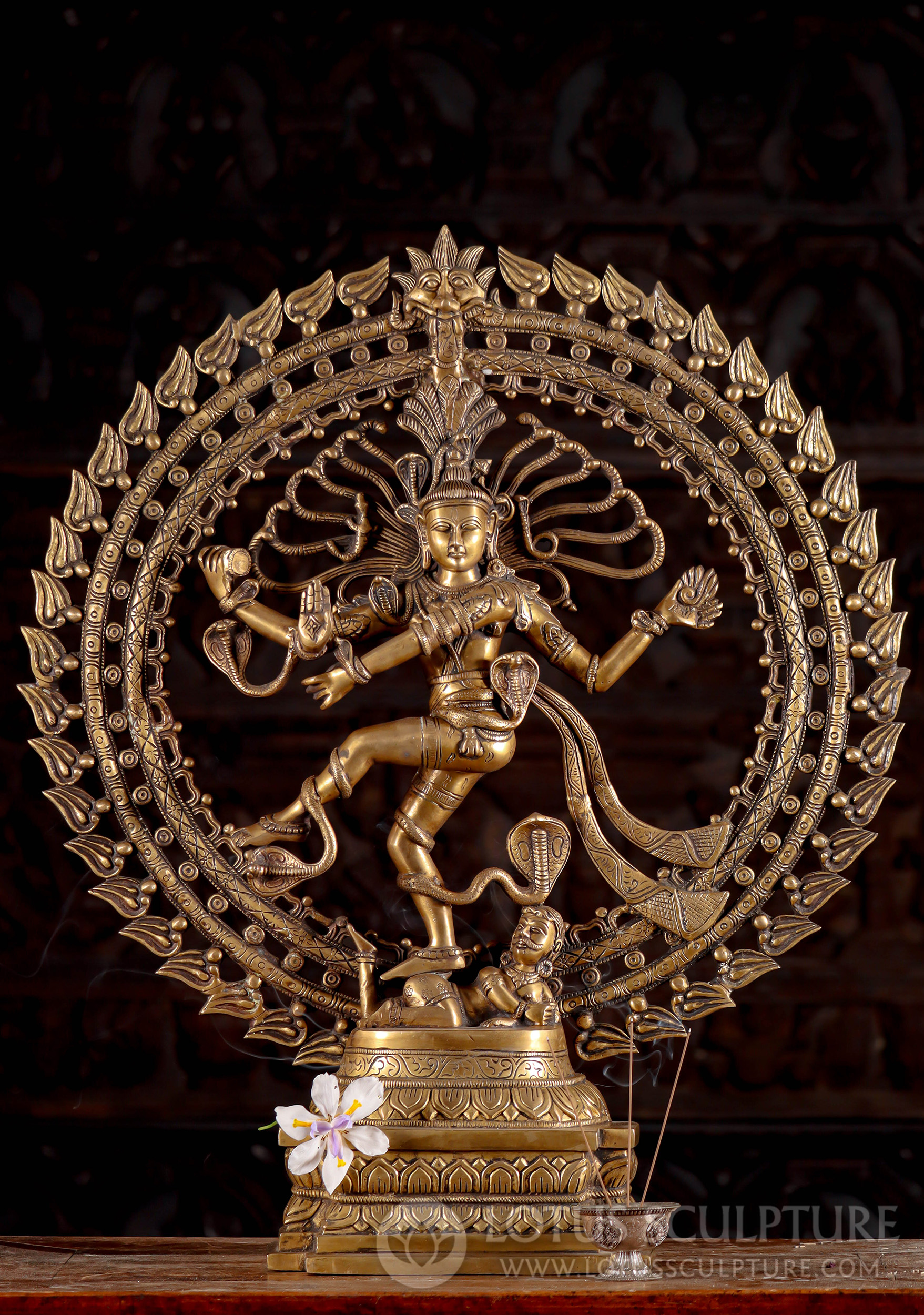 Indian Brass Dancing Shiva as Lord of Dance Nataraja with Fiery Arch and Cobras Statue 27"