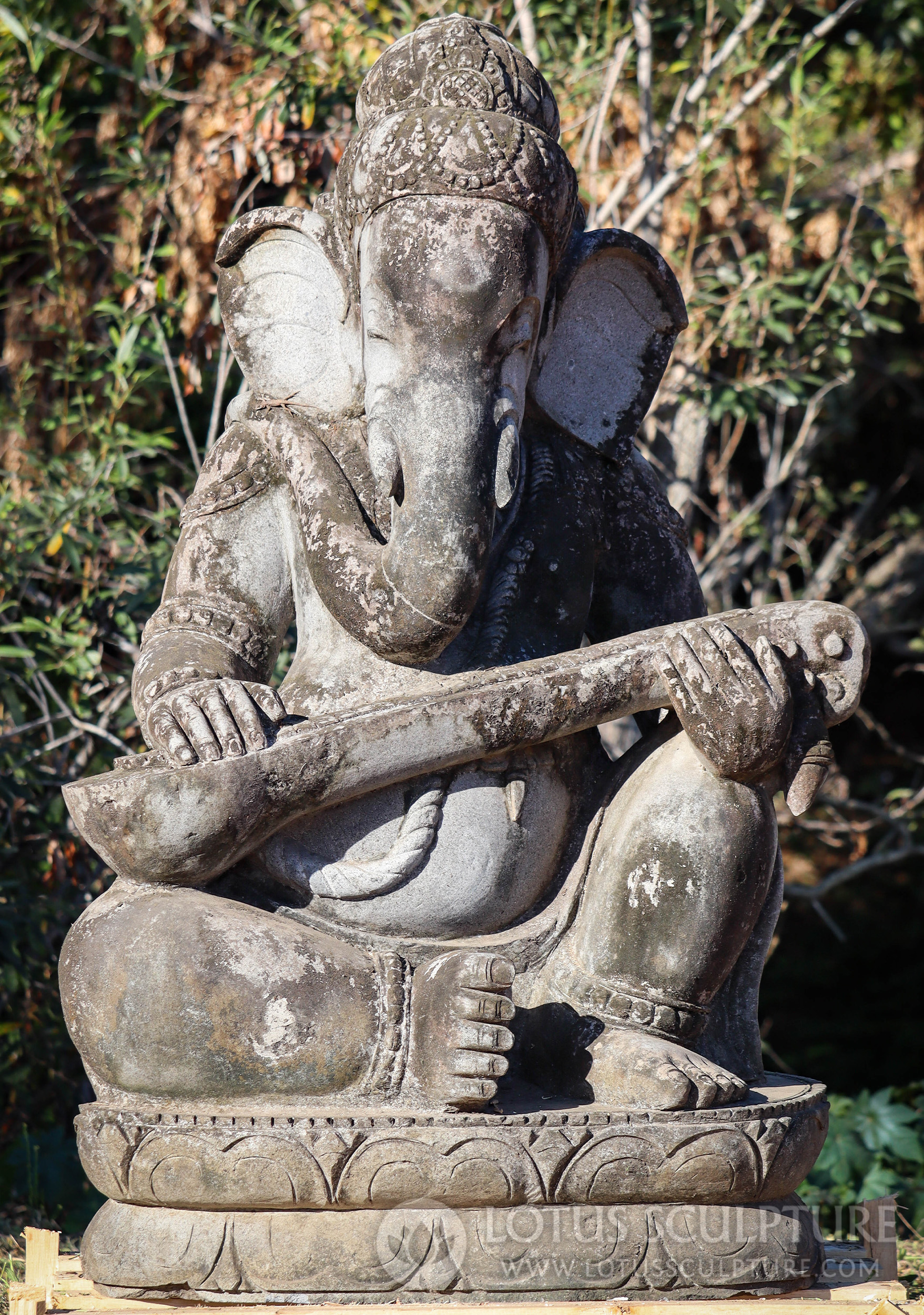 Antique Stone Garden Musical Ganesha Statue Covered in Moss Playing Sitar on Lotus Base 53"