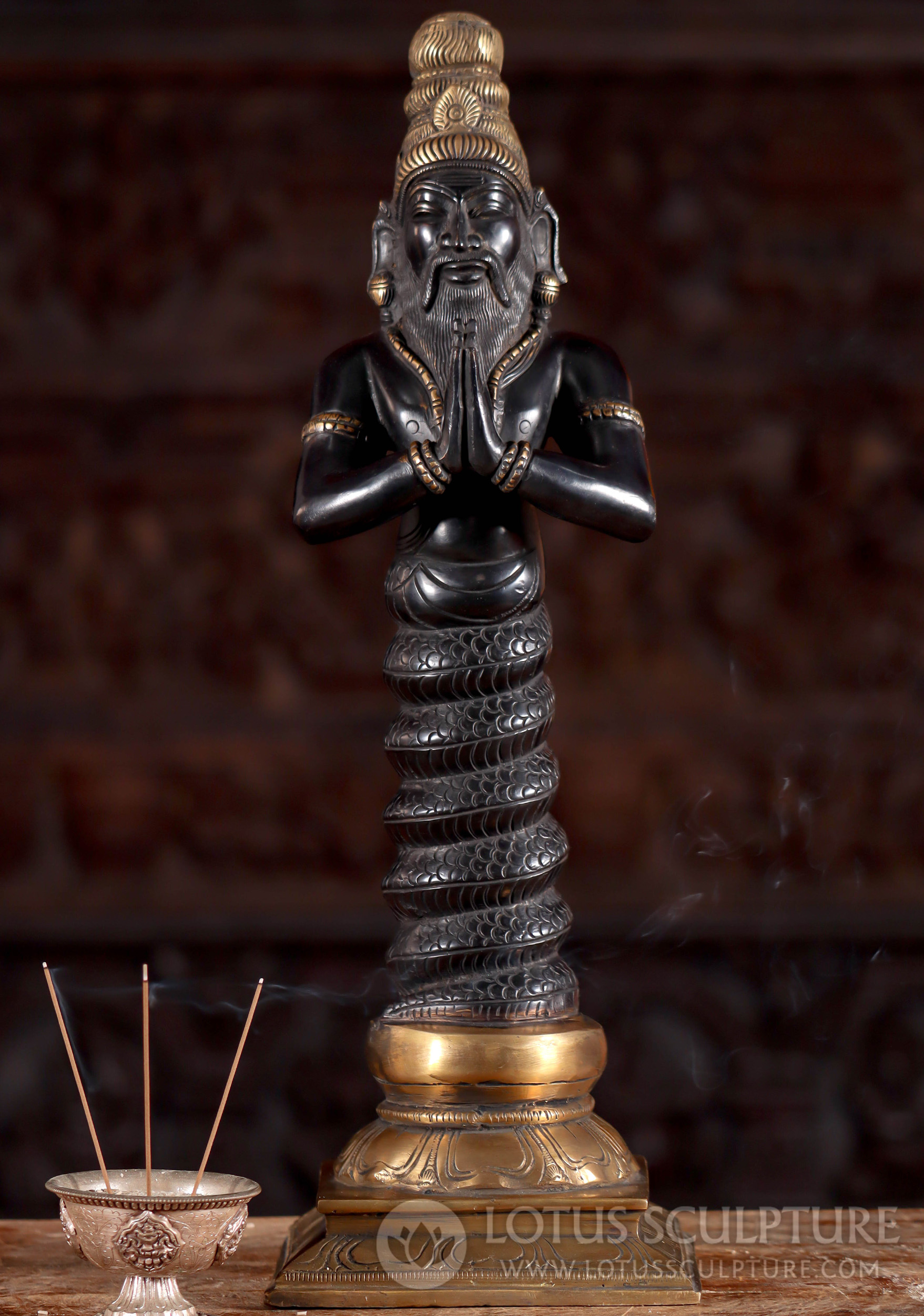 Brass Statue of Hindu Saint Patanjali with Beard in Namaste Hand Position in Serpent Form 17.5"