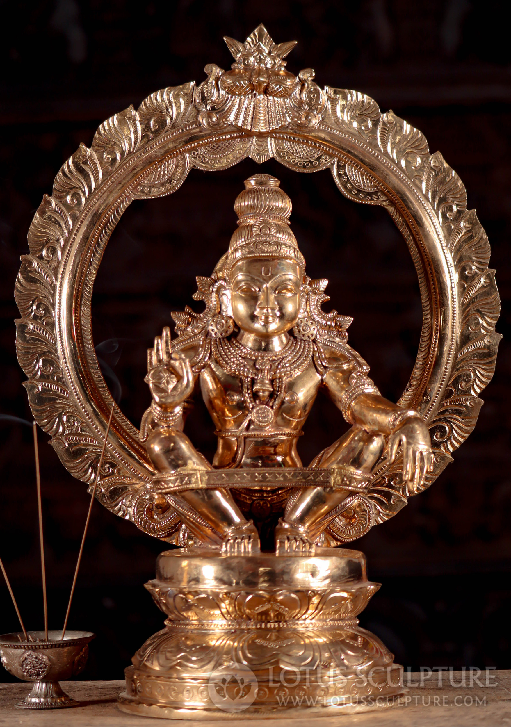 Polished South Indian Panchaloha Bronze Ayyappan Statue with Arch 18"