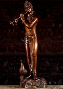 Life-Size Golden Brass Standing Hindu God Krishna Statue with Elephant  Flute 79
