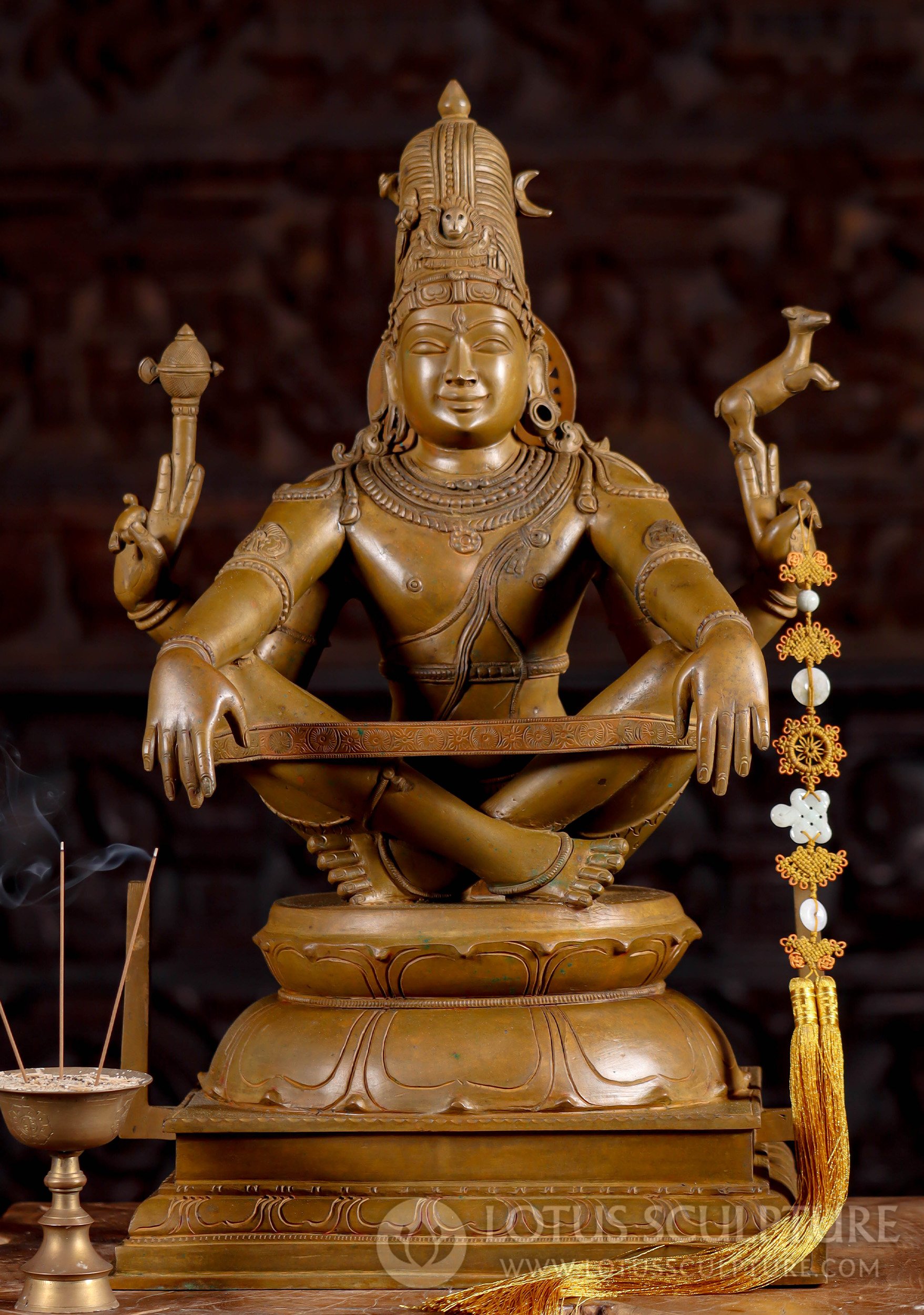 South Indian Bronze Lord Shiva: Yoga Pose with Deer & Axe on Lotus Base 21