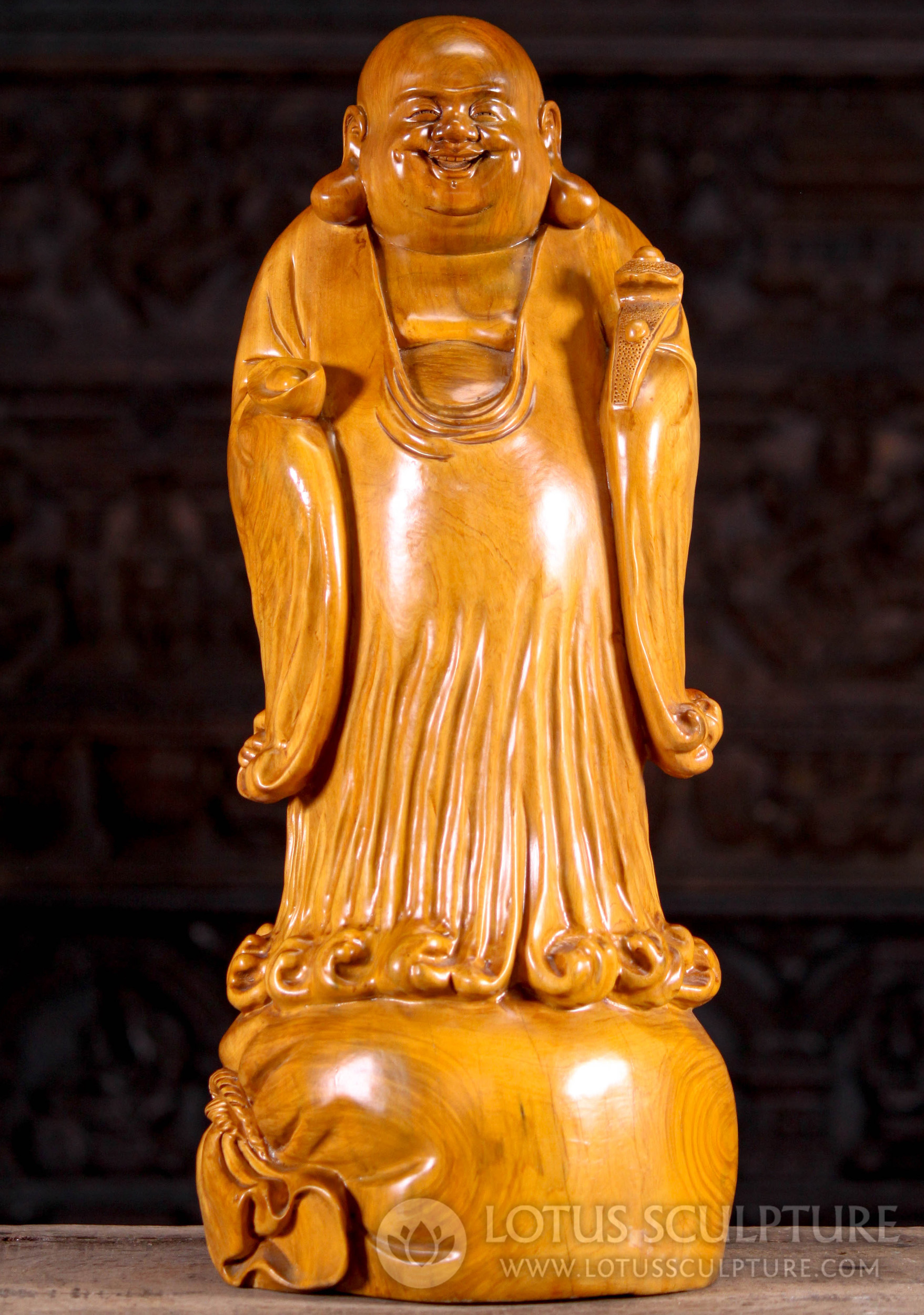 Wood Fat & Happy Buddha of Wealth Wearing Flowing Robes Standing on Sack of Gold 21"