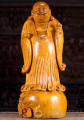Wood Fat & Happy Buddha of Wealth Wearing Flowing Robes Standing on Sack of Gold 21"