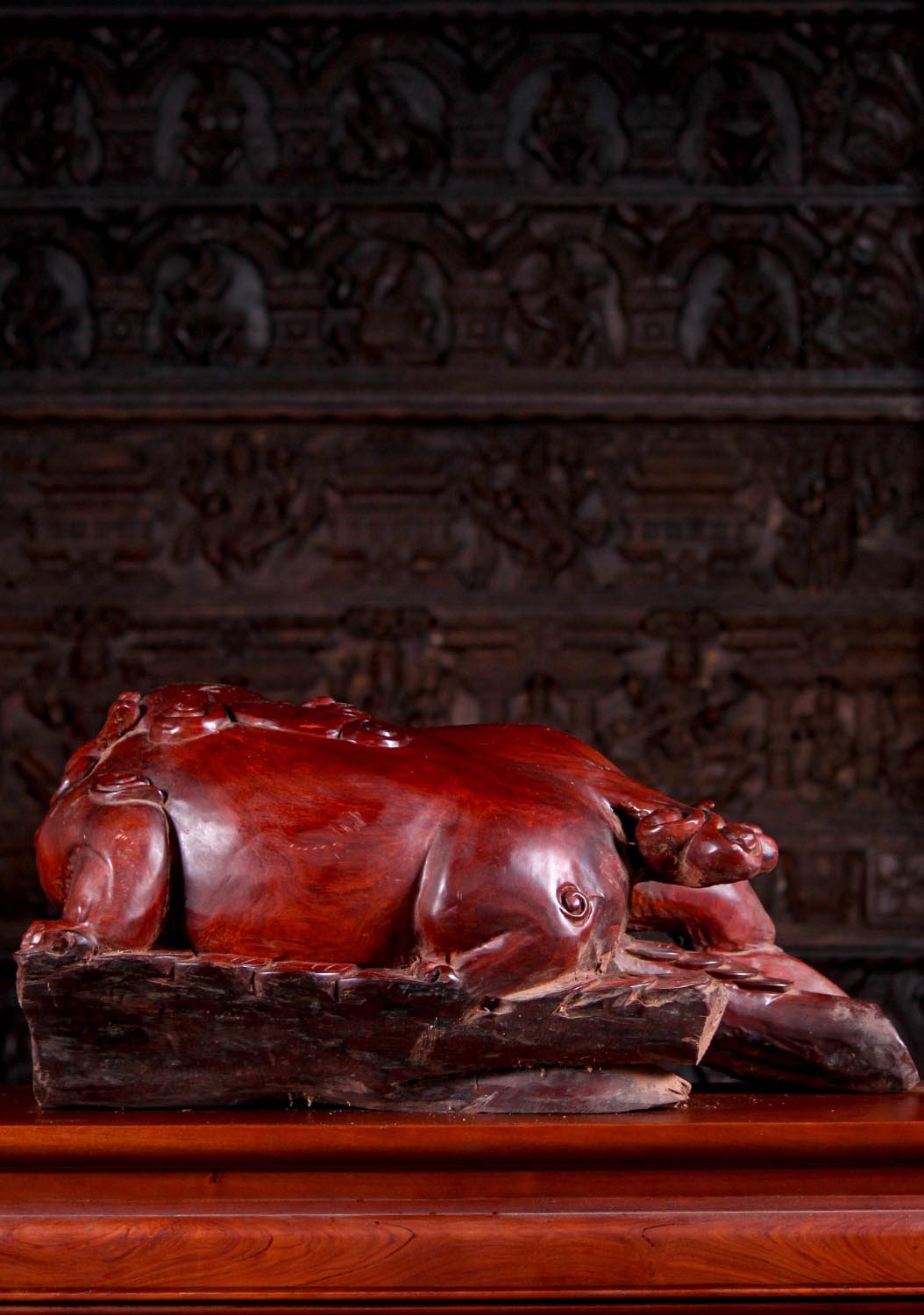 Unique Vietnamese Foo Dog: Hand-Carved Hardwood, Crouched on Lily Pads 28"