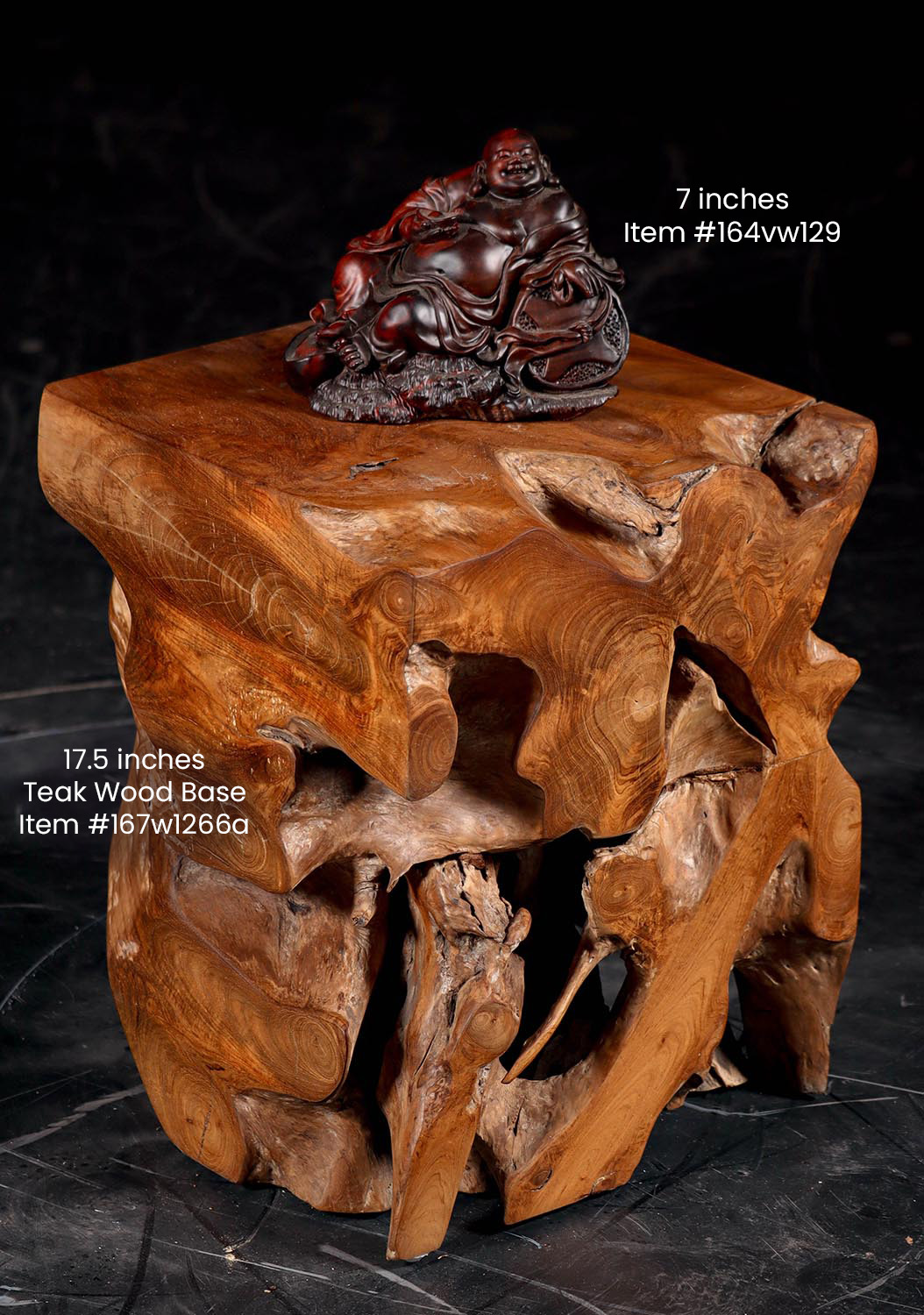 Reclining Fat & Happy Buddha of Wealth: Dark Red Wood with Intricate Veining 7"