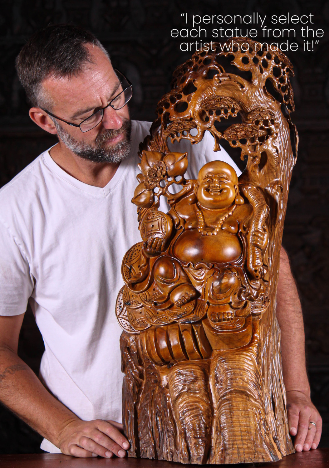 Hand-Carved Vietnamese Wood Fat Buddha of Wealth, Coins & Peaches, Mala Adorned 31"
