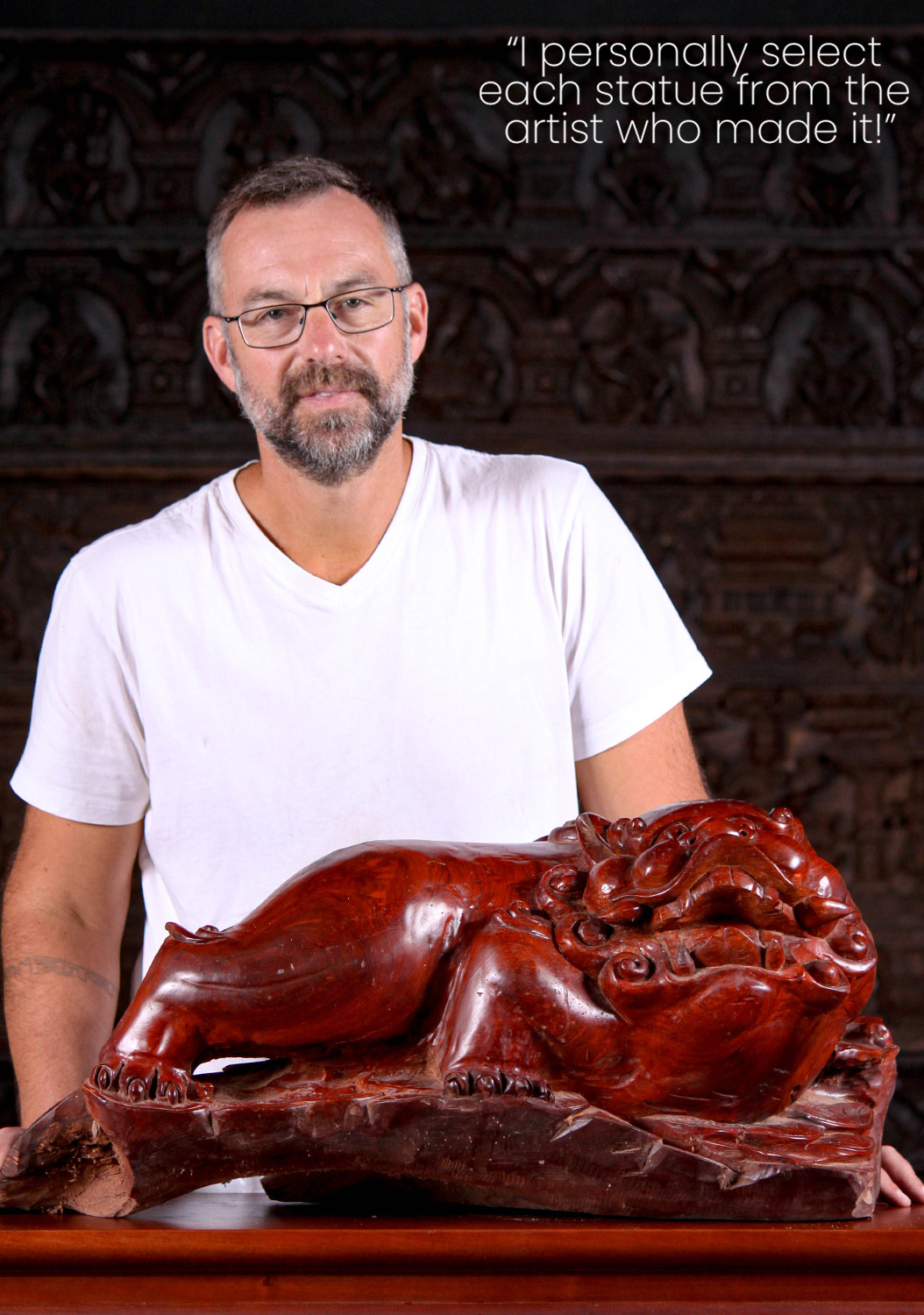 Unique Vietnamese Foo Dog: Hand-Carved Hardwood, Crouched on Lily Pads 28"