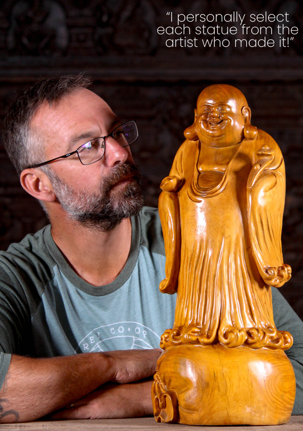 Wood Fat & Happy Buddha of Wealth Wearing Flowing Robes Standing on Sack of Gold 21"