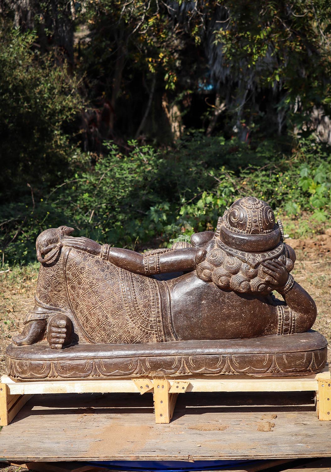 Hand Carved Stone Reclining Ganesh Sculpture Relaxing with Two Rats 49"