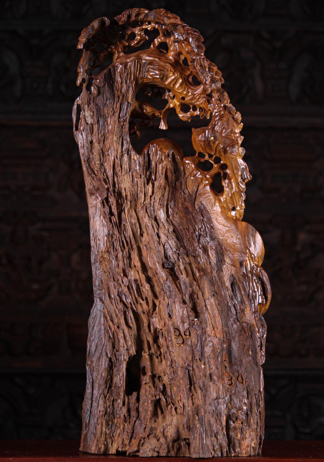 Hand-Carved Vietnamese Wood Fat Buddha of Wealth, Coins & Peaches, Mala Adorned 31"