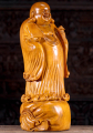 Wood Fat & Happy Buddha of Wealth Wearing Flowing Robes Standing on Sack of Gold 21"
